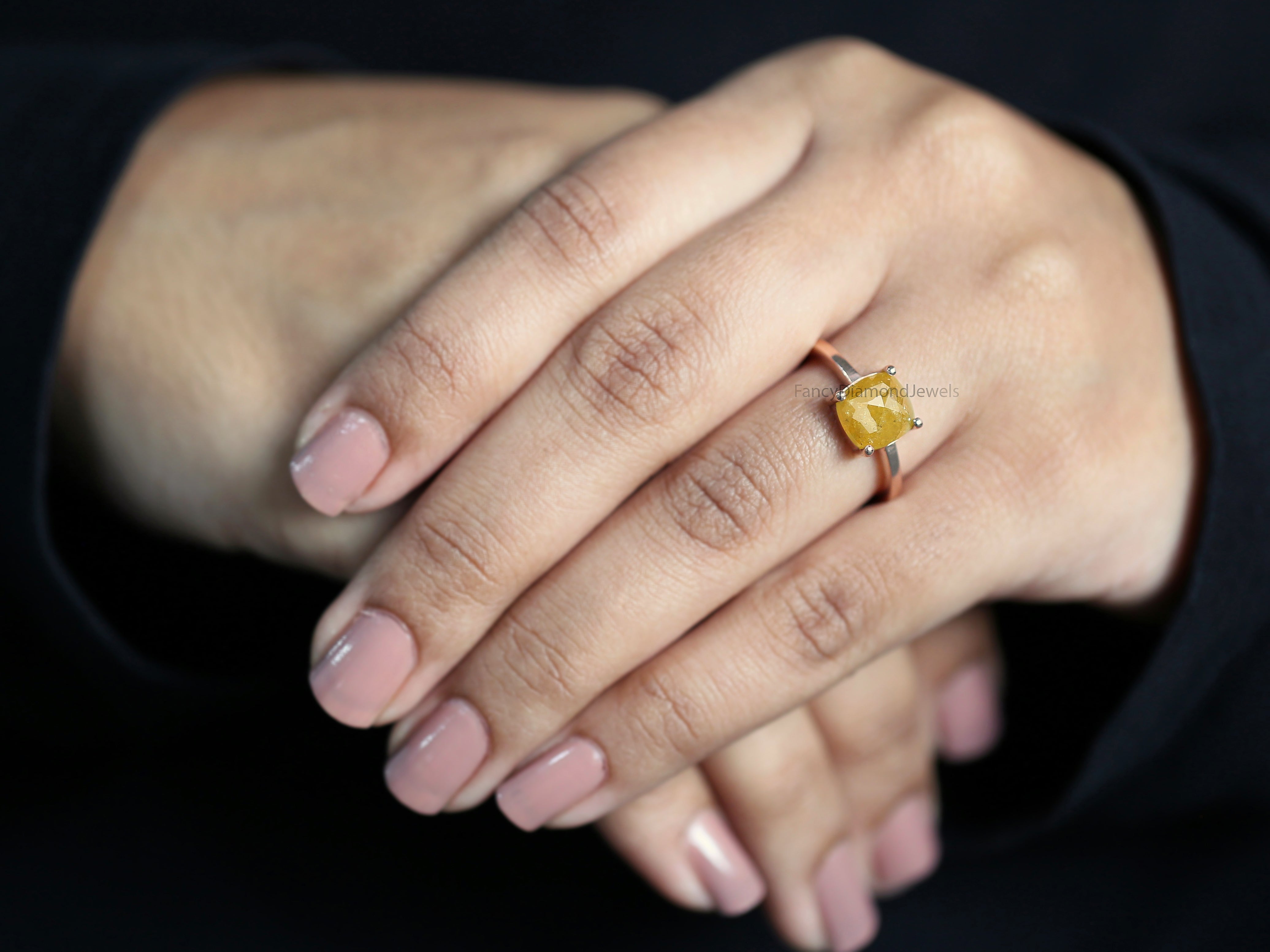 Cushion Shape Yellow Color Diamond Ring 2.94 Ct 7.70 MM Cushion Diamond Ring 14K Solid Rose Gold Silver Engagement Ring Gift For Her QL6112