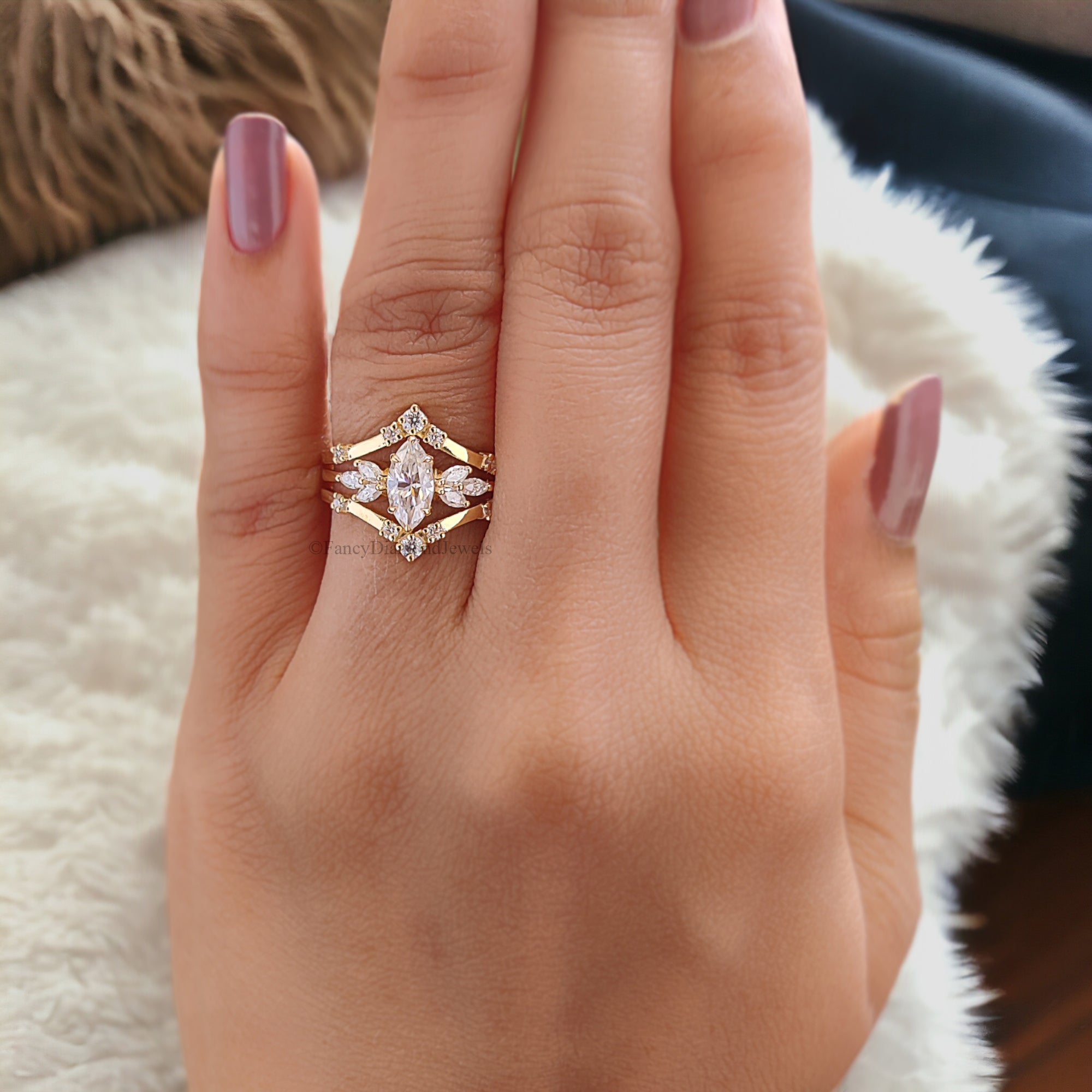 3PCS Marquise Moissanite Engagement Ring Set Unique Cluster Engagement Ring Yellow Gold Vintage Swist Ring Bridal Anniversary Ring FD122