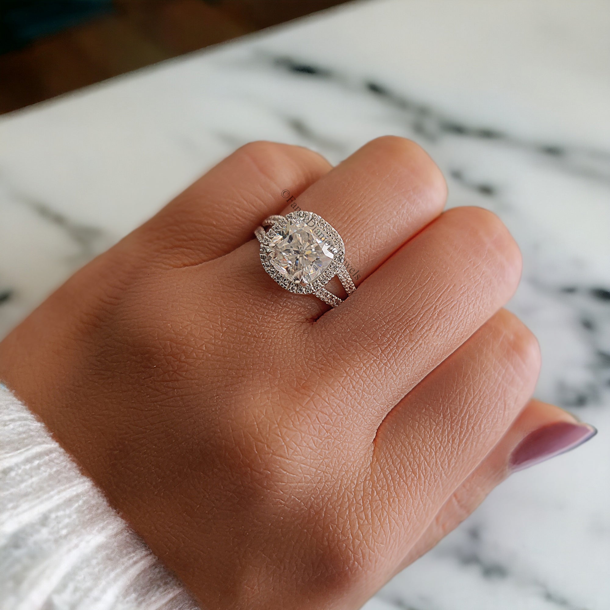 Halo Split Shank Engagement Ring 2.35 TW Cushion Shape Colorless Moissanite Ring Wedding Ring in Solid 10k/14k/18k White Gold Ring FD52