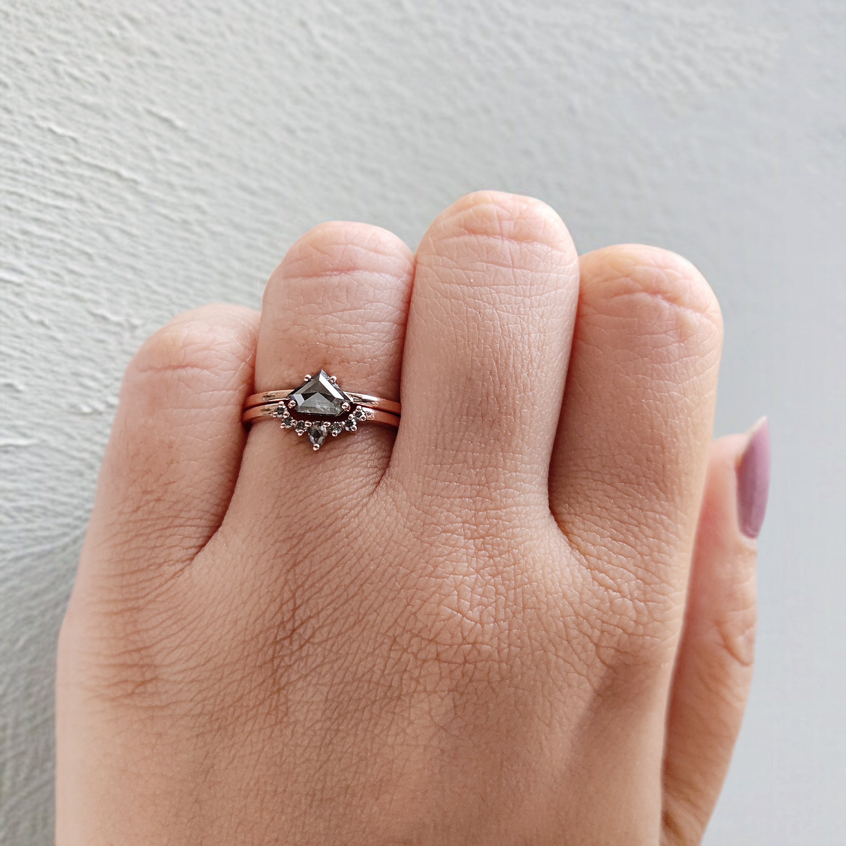 Shield Salt And Pepper Diamond Ring 0.61 CT 4.80 MM Shield Diamond Wedding Ring Set Rose Gold Silver Engagement Ring Gift For Her KDN1551