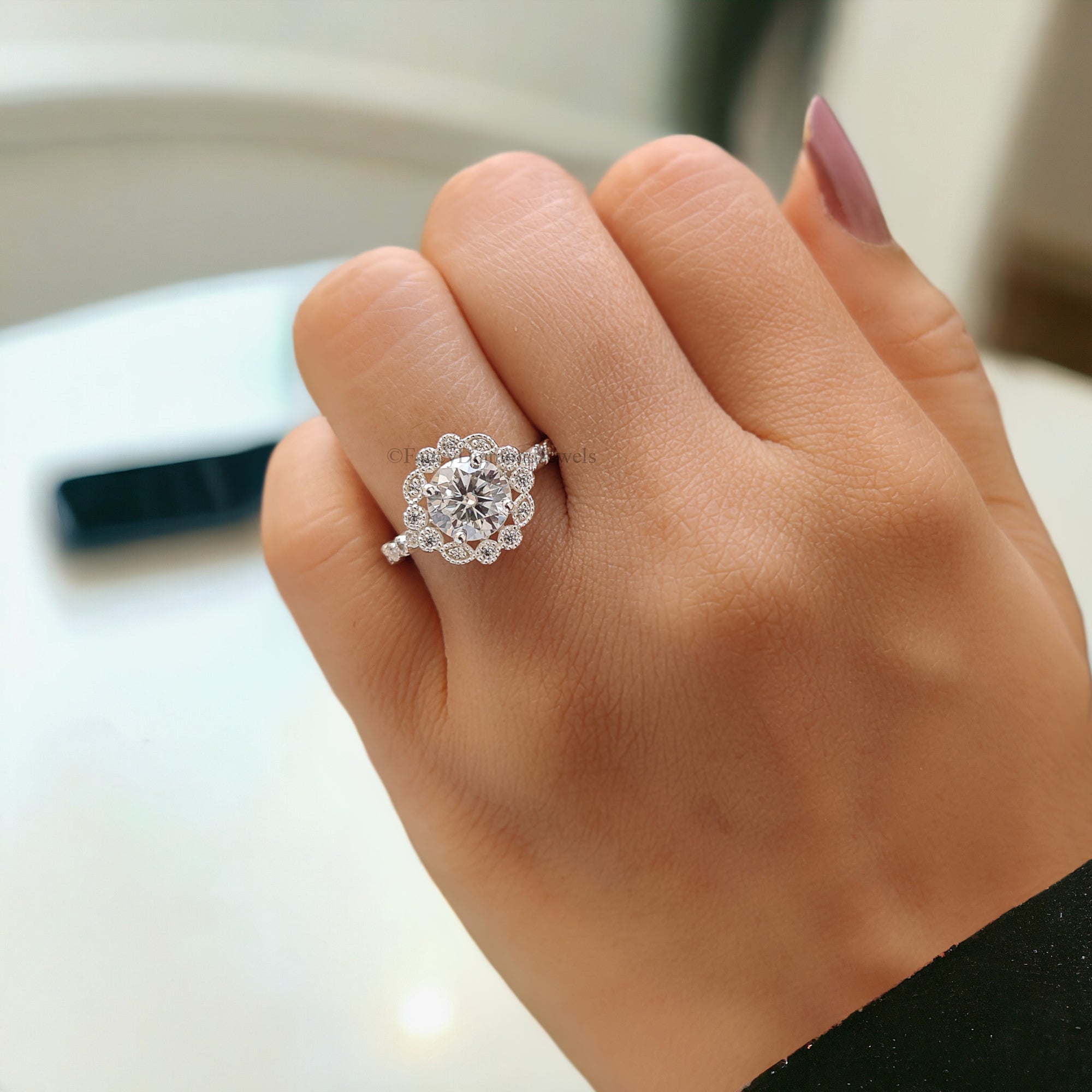 Round Cut Moissanite Engagement Ring Halo Milgrain Engagement Ring Handmade Jewelry White Gold Wedding Ring Surprise Gifts for Her FD124
