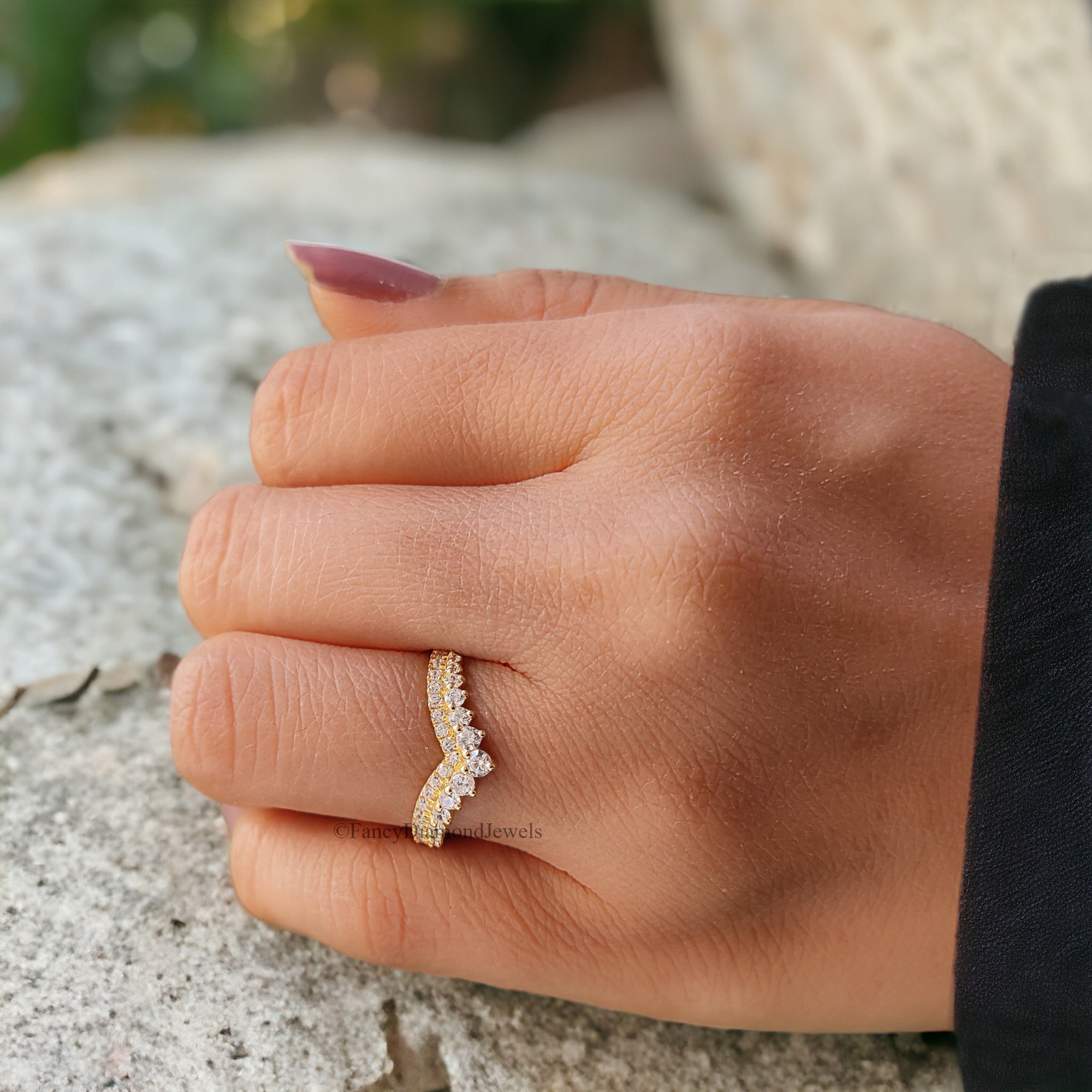 Vintage Diamond wedding band Yellow gold Round cut moissanite matching band Stacking Band curved wedding band Unique Anniversary ring FD41