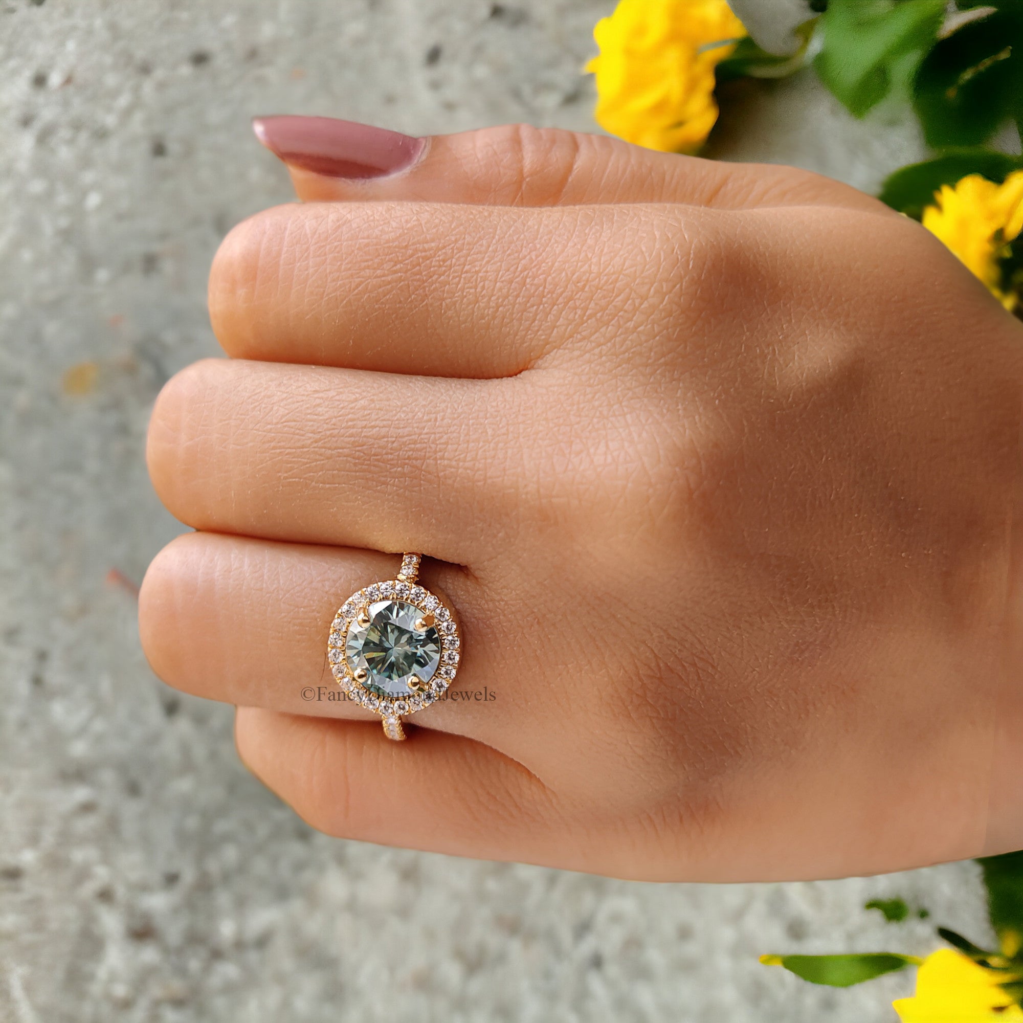 Halo Engagement Ring 1.70 CT Round Cyan Blue Moissanite Ring Wedding Ring Promise Ring Gift for Mother/Wife Ring for Women Unique Ring FD87