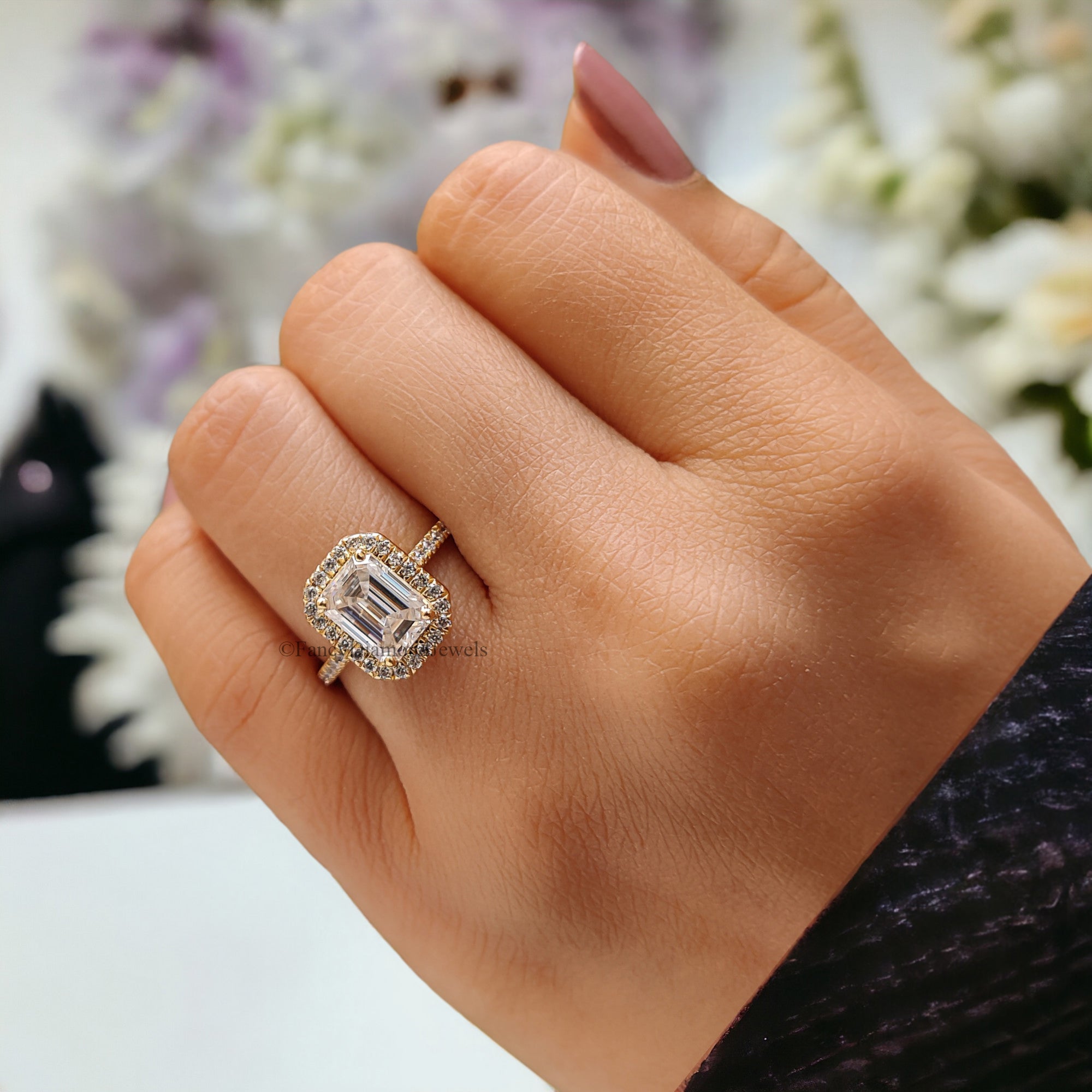 1.5 CT Emerald Cut Moissanite Solitaire Ring 14K Yellow Gold Engagement Ring Halo Setting Statement Ring Gift For Her Anniversary Ring FD89