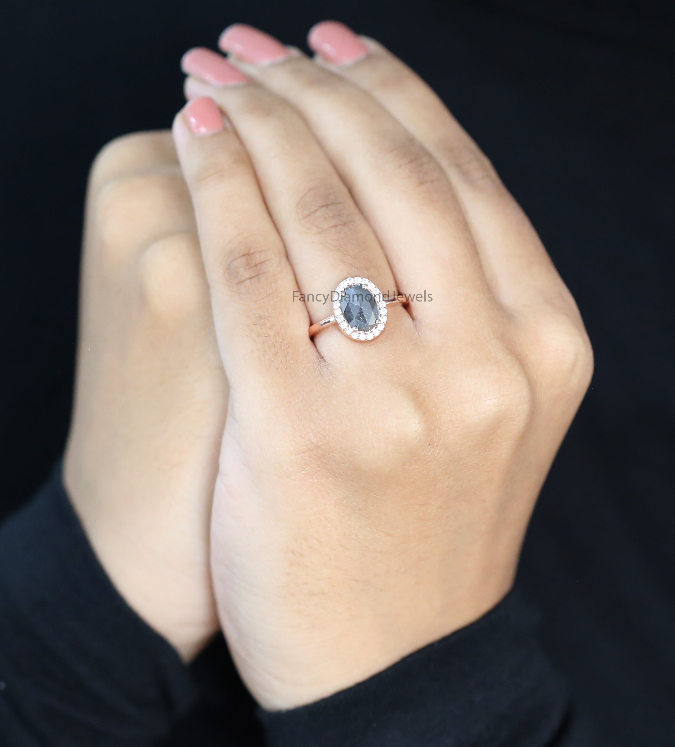 Oval Cut Salt And Pepper Diamond Ring 1.60 Ct 8.91 MM Oval Diamond Ring 14K Solid Rose Gold Silver Oval Engagement Ring Gift For Her QL2123