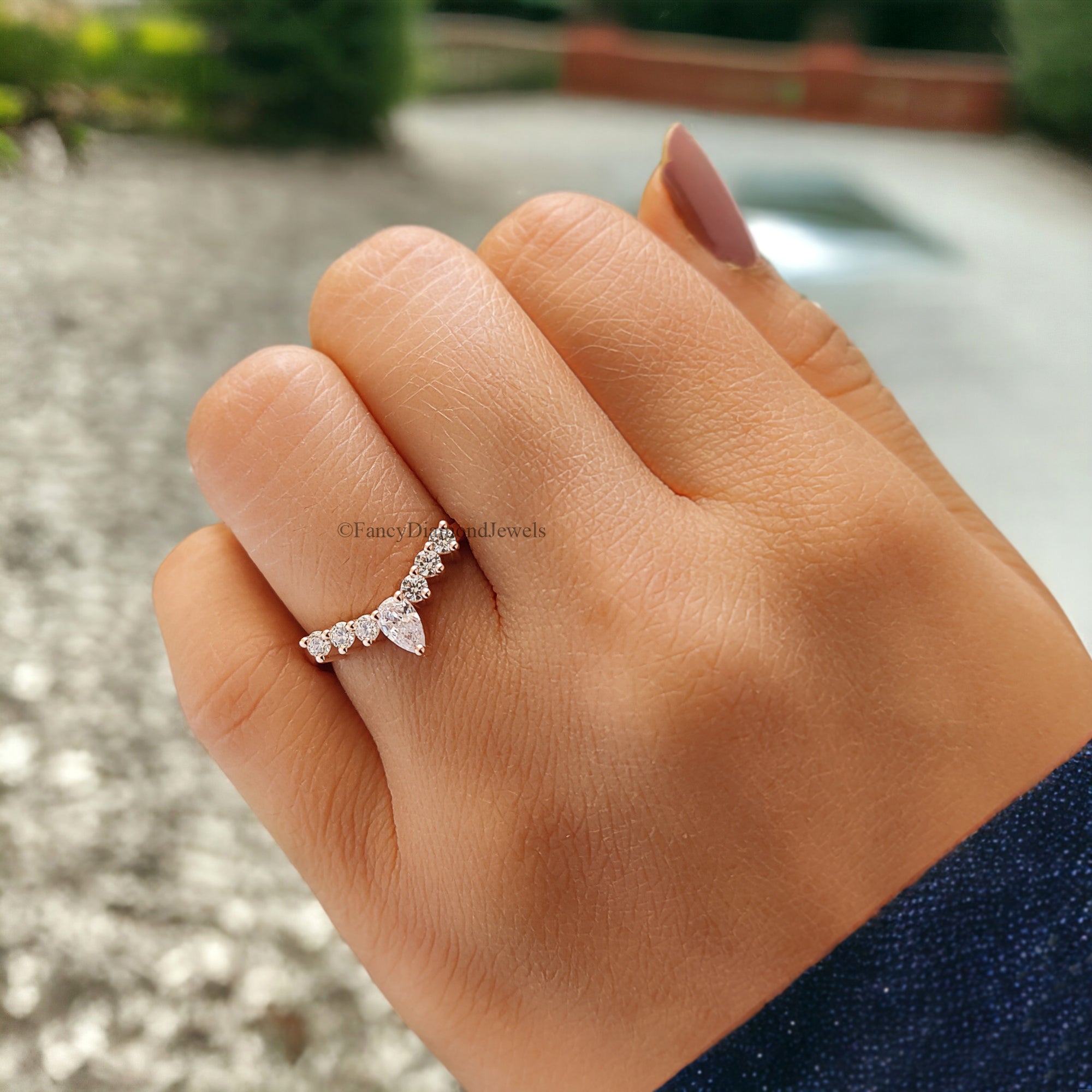 Curved Wedding Band Antique Moissanite Ring Pear cut Moissanite Wedding Band Rose Gold Unique Matching ring Anniversary dainty band FD60