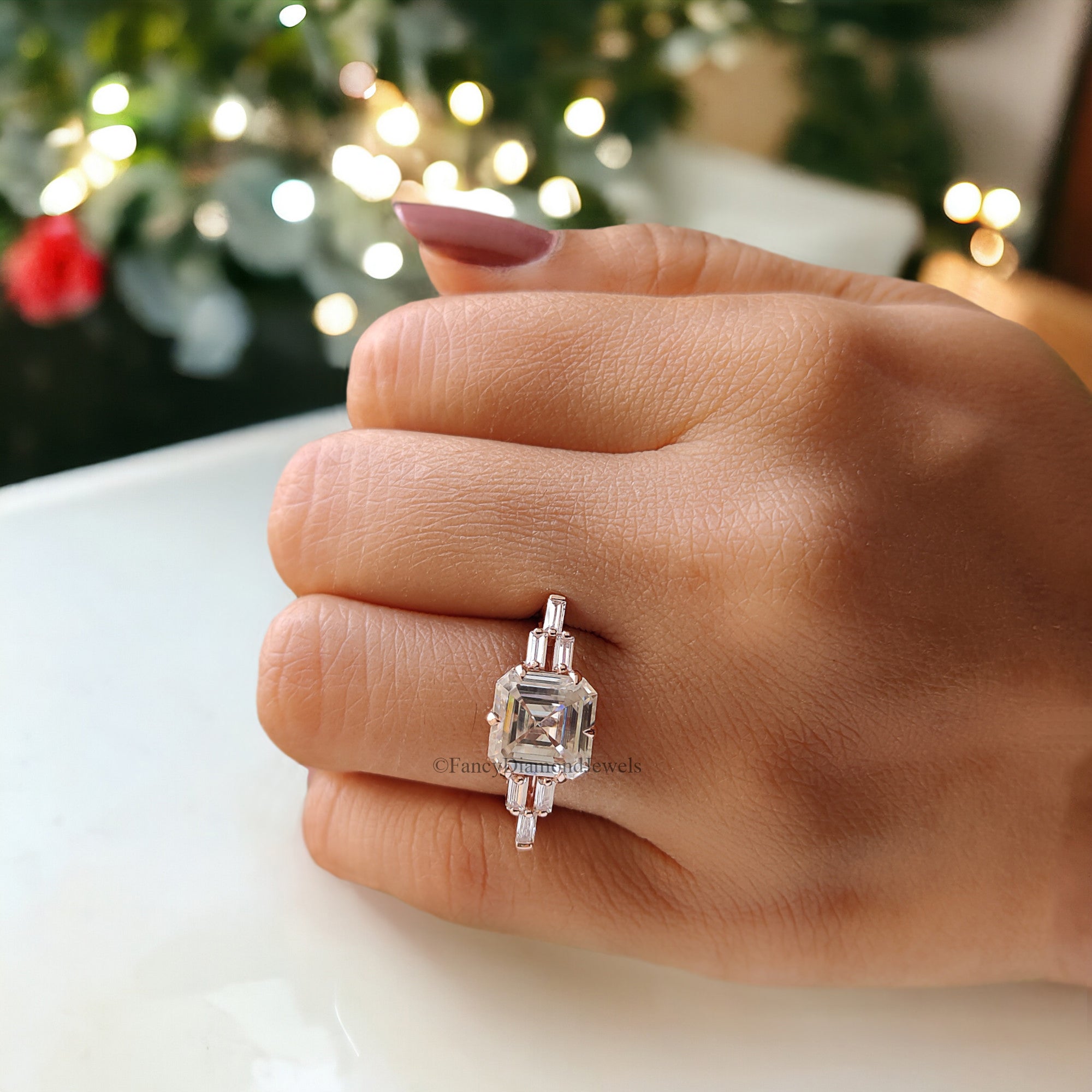 Perfect Anniversary Gift 2.50 CT Asscher Cut Colorless Moissanite Engagement Ring Side baguette Moissanite Wedding Ring Bridal Set Ring FD85