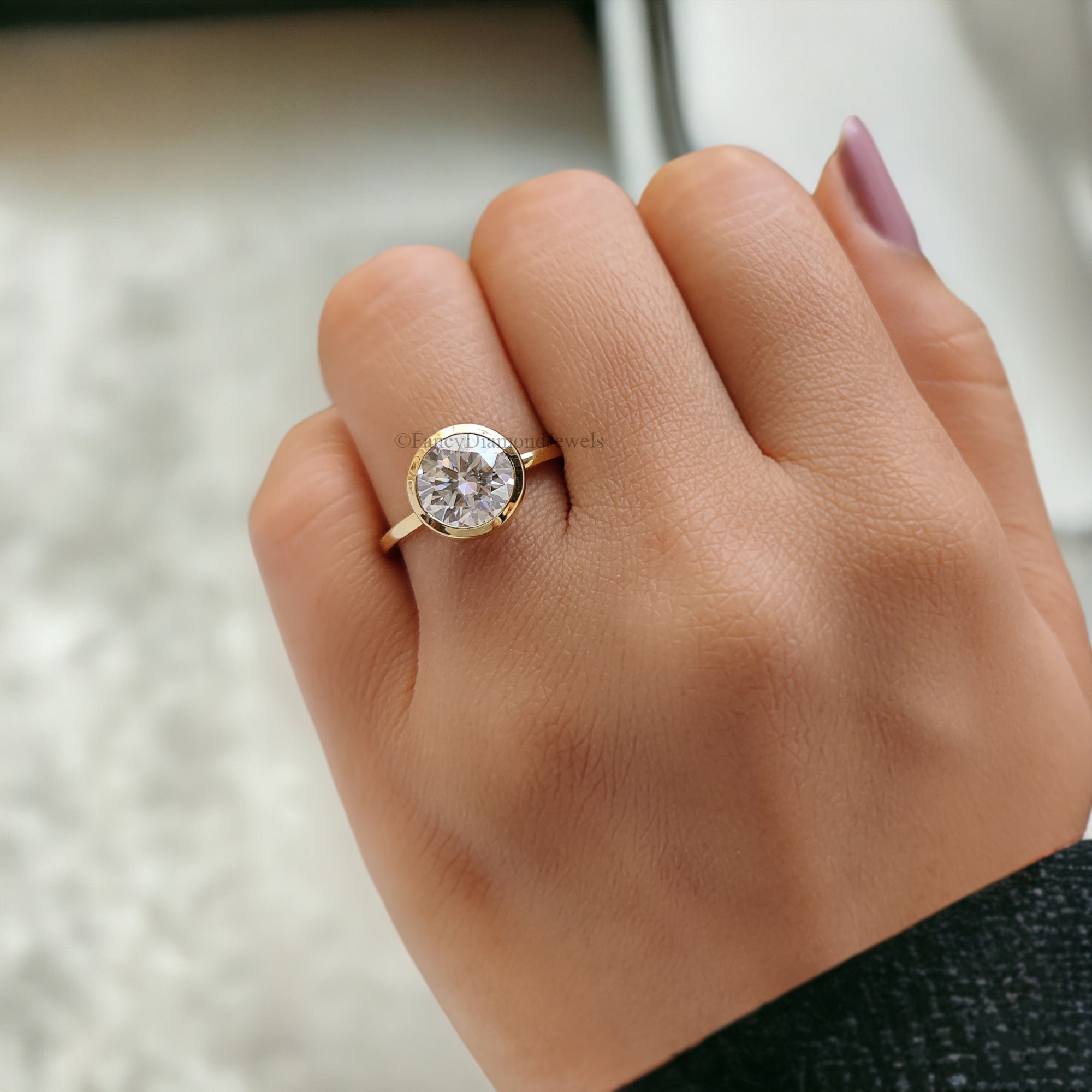 Unique 8 MM Round Heart and Arrows Cut Colorless Moissanite Bezel Set Ring Solitaire Engagement Ring Flat Comfort Fit Band Bridal Set FD113