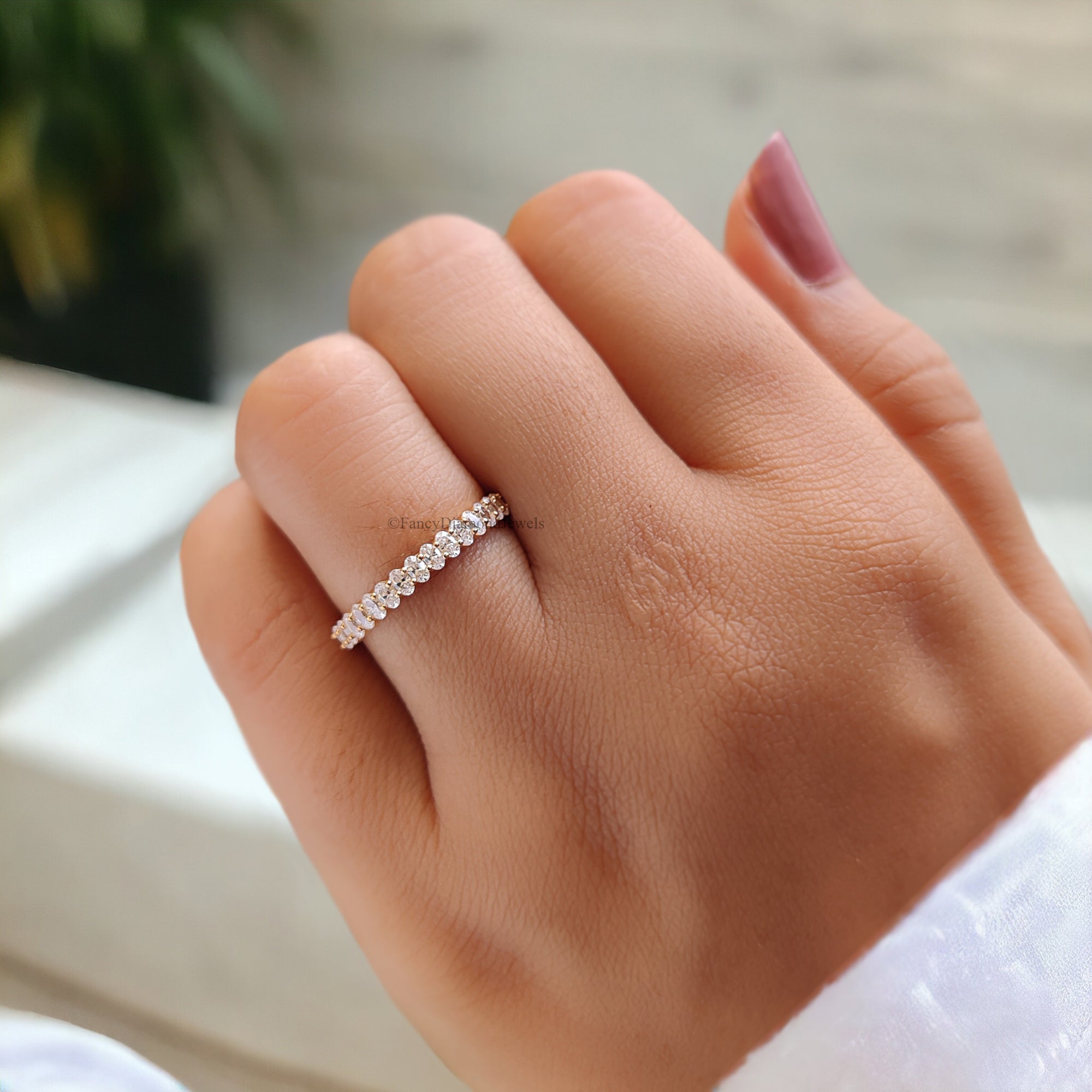 Oval cut Moissanite wedding band women yellow gold Unique Half eternity wedding band vintage Stacking Matching bridal gift for her FD131