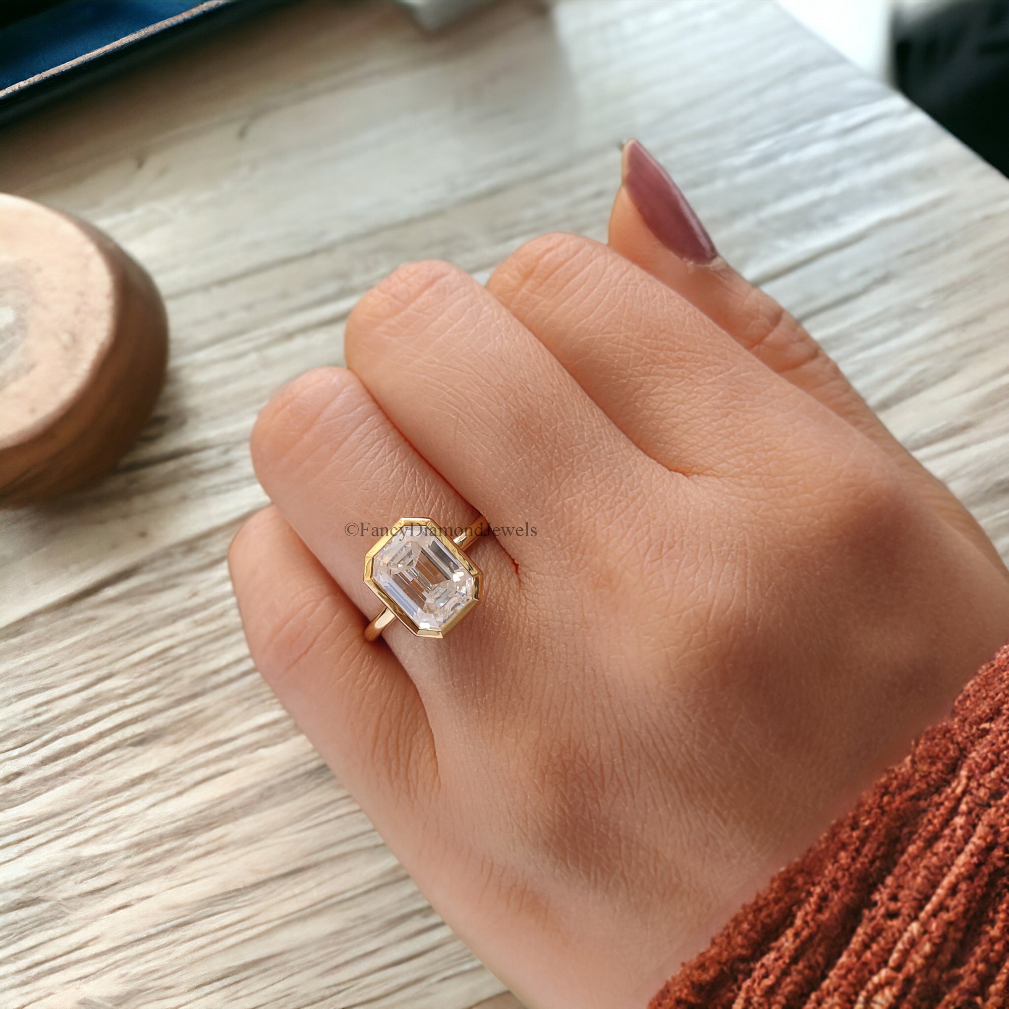 2.5 CT Emerald Cut Moissanite Solitaire Ring 14K Yellow Gold Engagement Ring Bezel Setting Statement Ring Gift For Her Anniversary Ring FD48