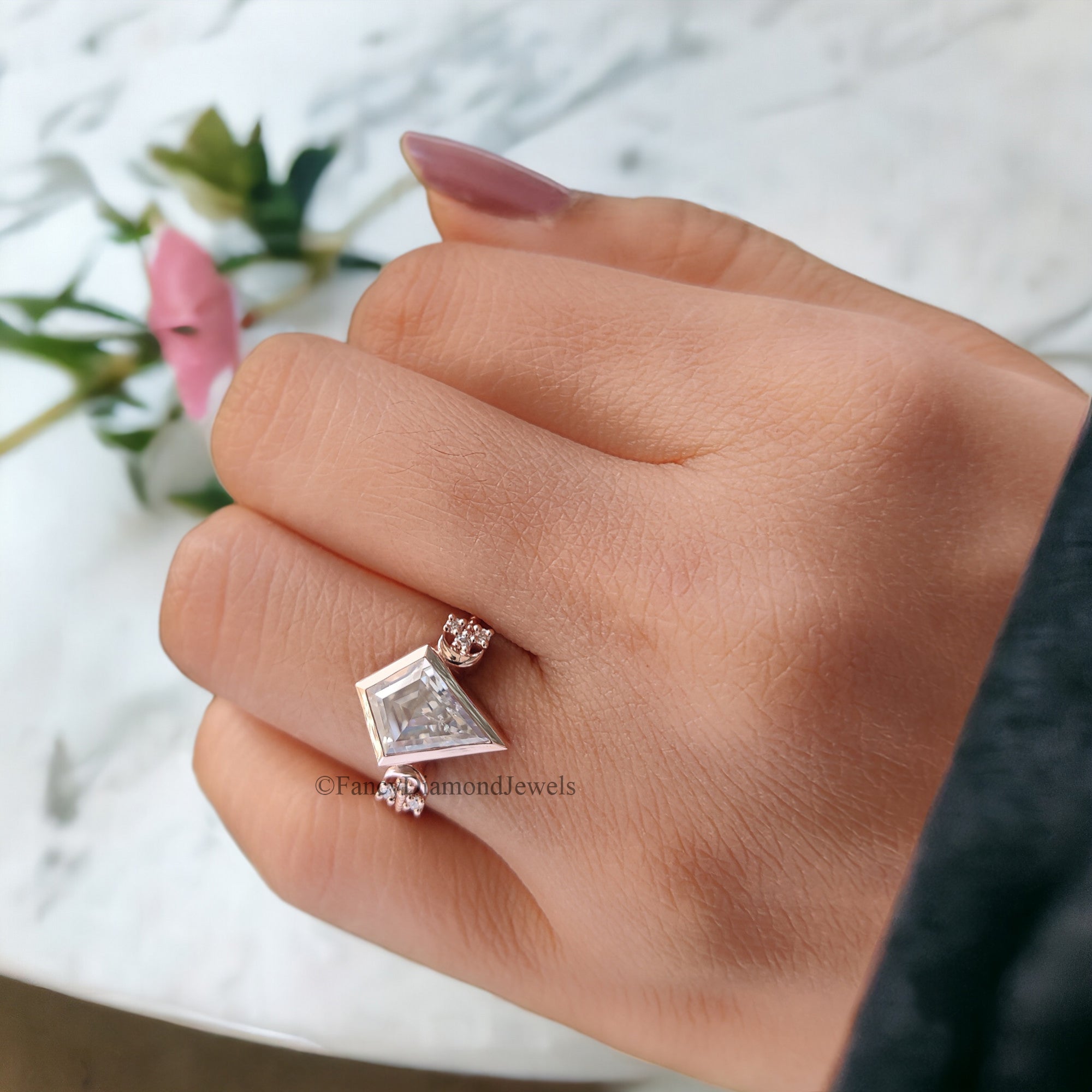 Kite Cut Moissanite Bridal Ring Colorless Moissanite Wedding Ring Bezel Set Moissanite Proposal Ring Milgrain Work Engagement Ring FD51