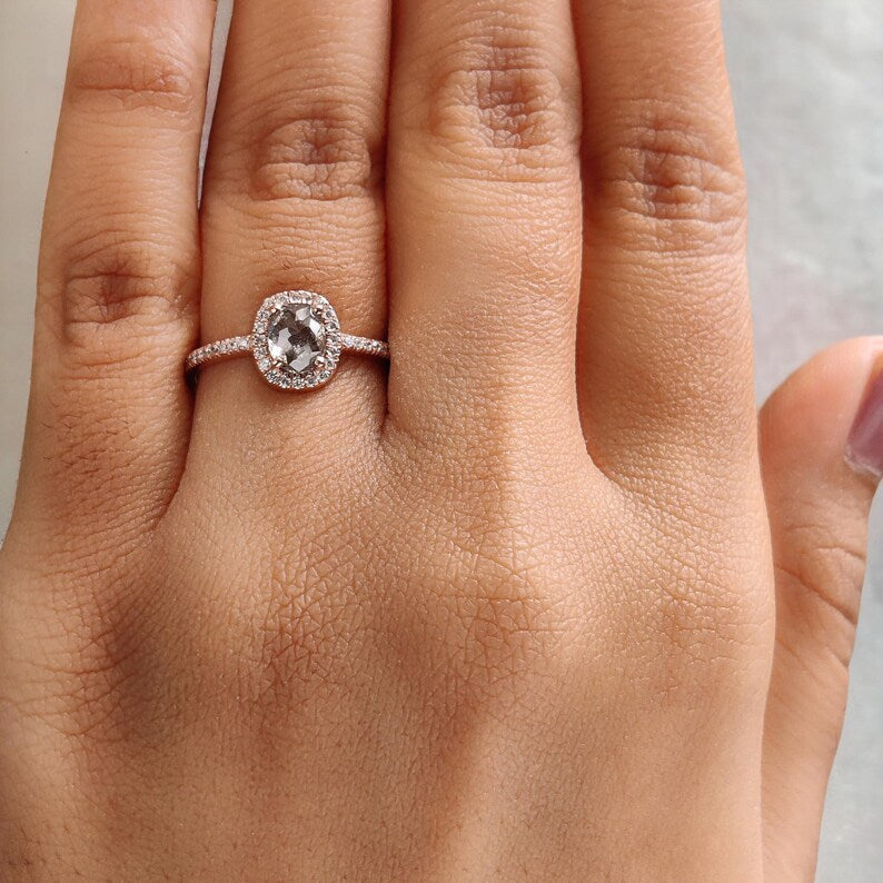 Oval Cut Salt And Pepper Diamond Ring 0.68 Ct 5.90 MM Oval Diamond Ring 14K Solid Rose Gold Silver Oval Engagement Ring Gift For Her QL8745