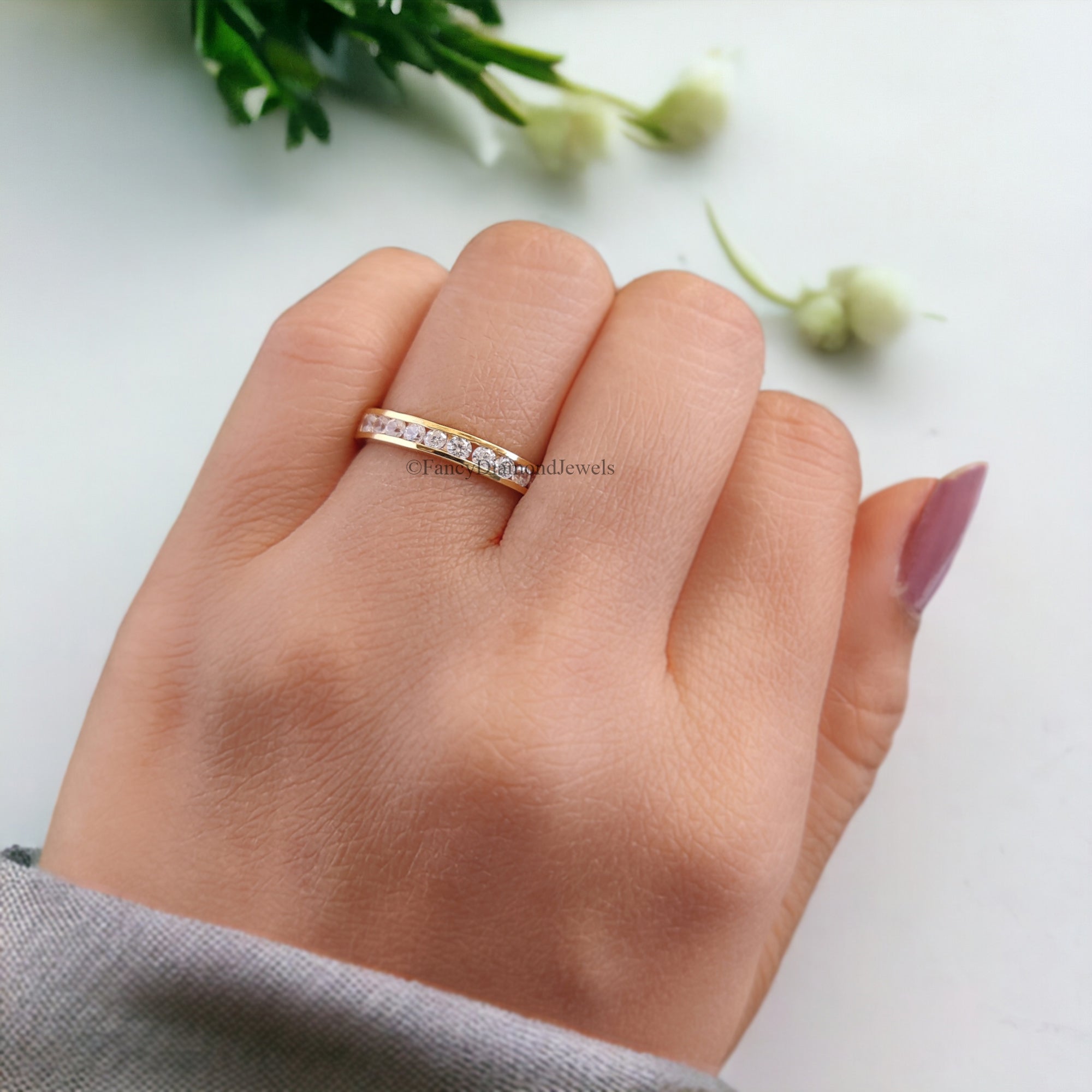 Stunning Round Cut Moissanite Wedding Band In Channel Setting Half Eternity Style Wedding Band Anniversary Gift for Her Bridal Band FD46