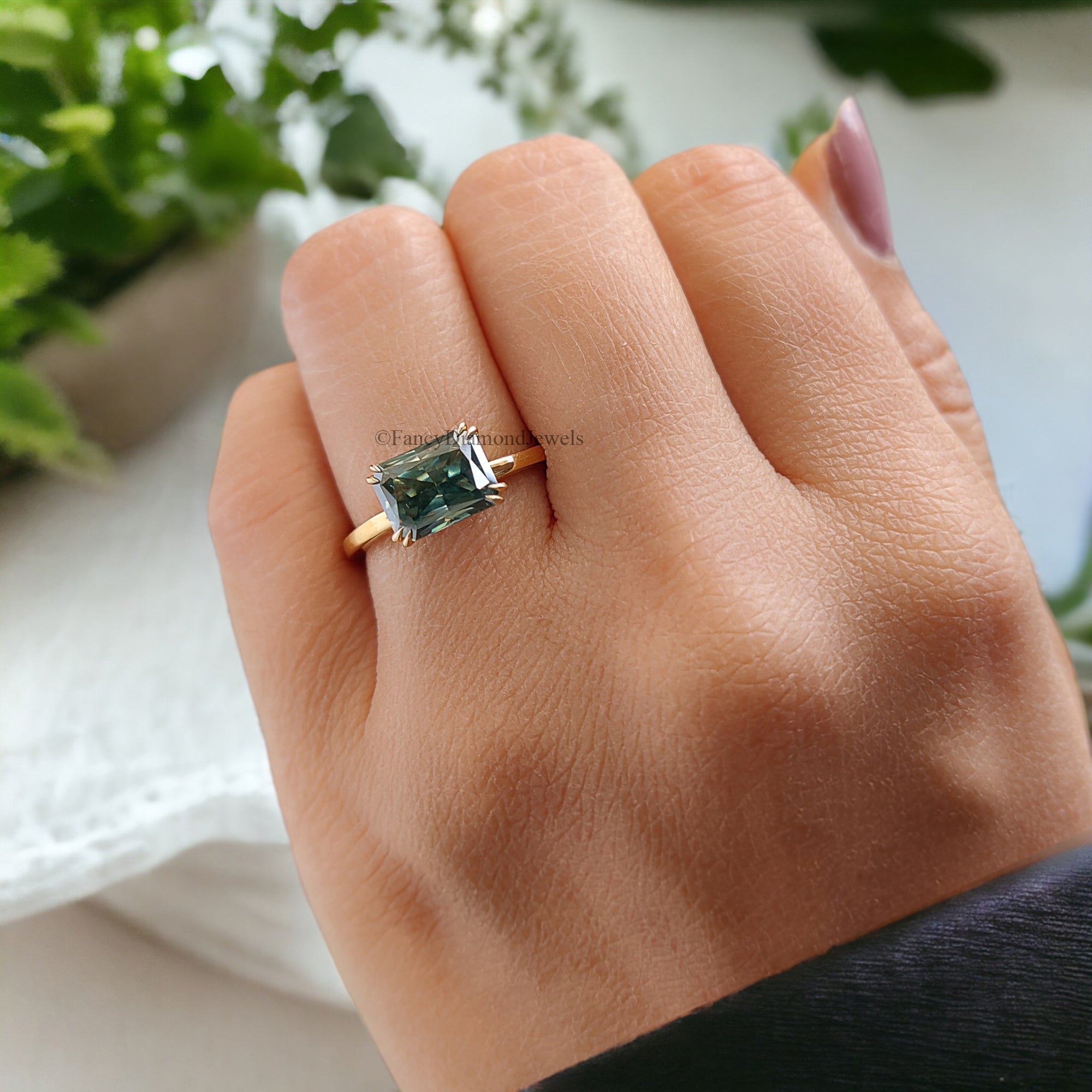 Amazing East to West Radiant Ring Double Claw Prong Ring 1.65 CT Green Radiant Moissanite Ring Solitaire Engagement Ring Wedding Ring FD65