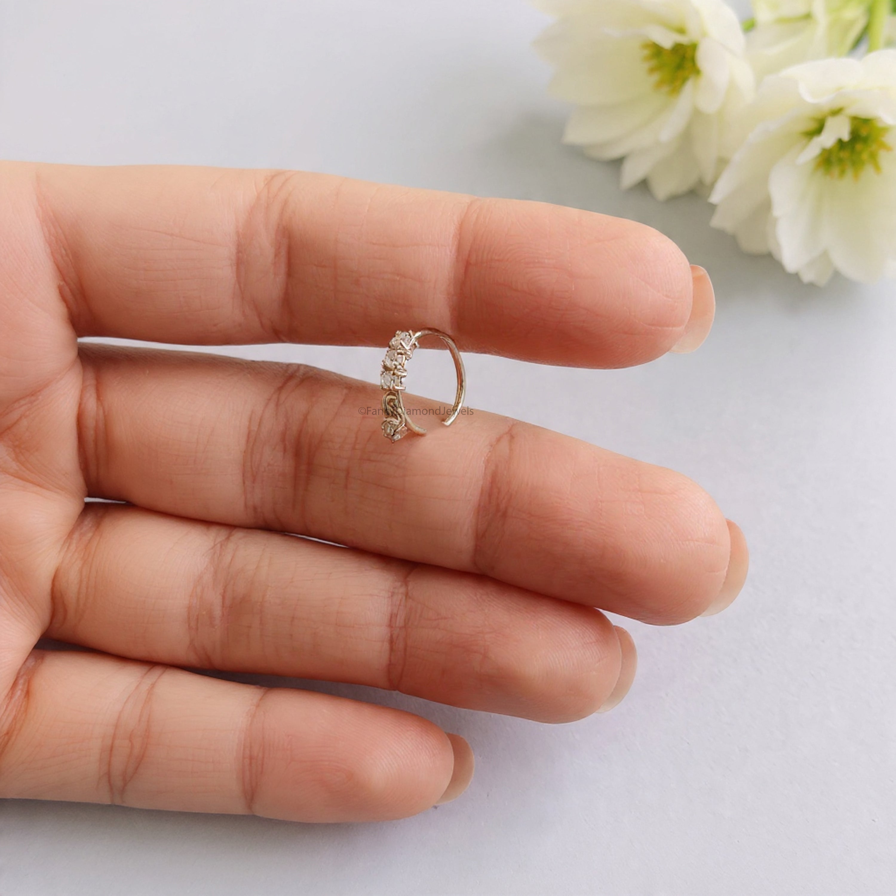 3 Diamond Gold Nose Ring With Diamond Dangling End Yellow Gold Nose Ring Gold Nose Ring Diamond Nose Stud Hoop FD486