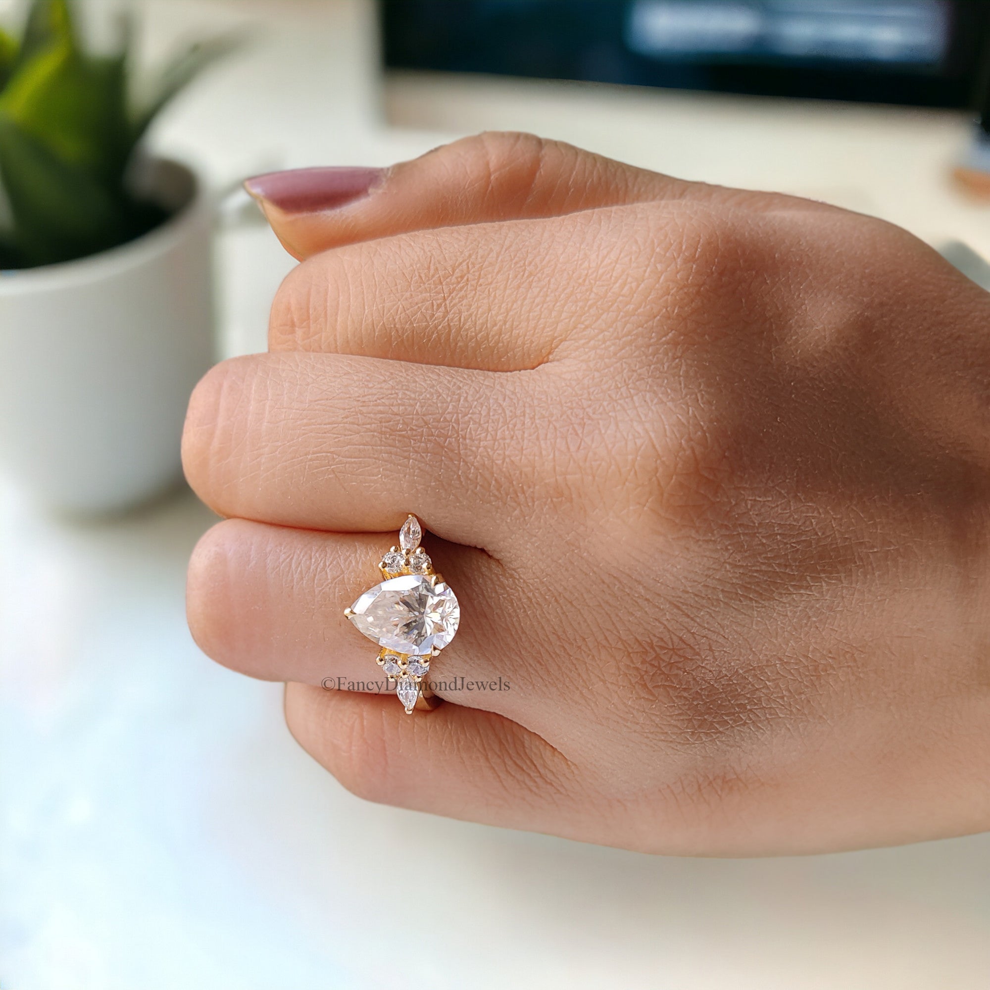 Tear Drop Wedding Ring Moissanite Engagement Ring Pear Shape Art Deco Wedding Ring Plain Gold Ring For Women Promise Moissanite Ring FD54