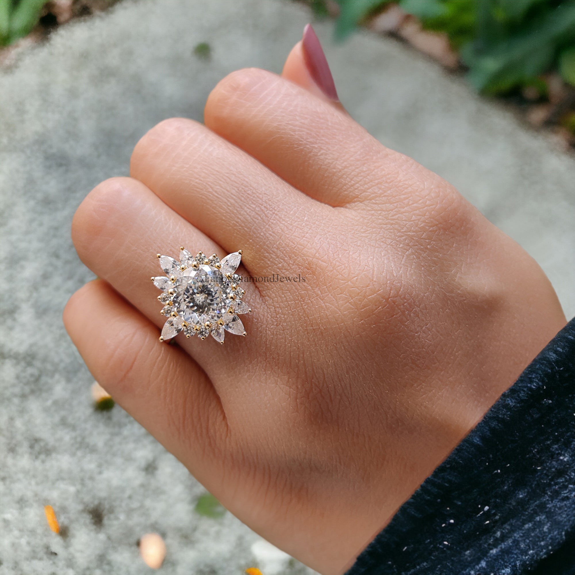 Vintage Engagement Ring 1920s Portuguese Cut Moissanite Yellow Gold Moissanite Aniversary Ring Handmade Jewelry by Fancy Diamond Jewels FD70