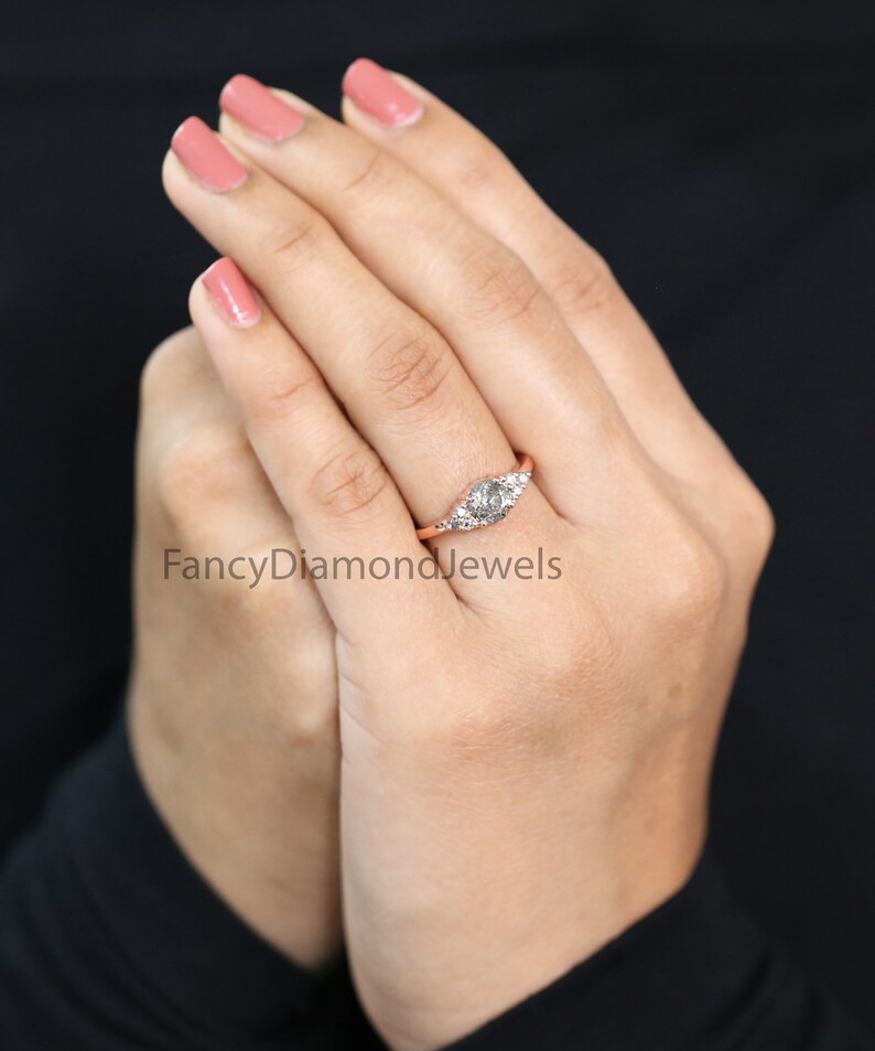 1.04 Ct Natural Round Shape Salt And Pepper Diamond Ring 6.22 MM Round Cut Diamond Ring 14K Solid Rose Gold Silver Engagement Ring QN2192