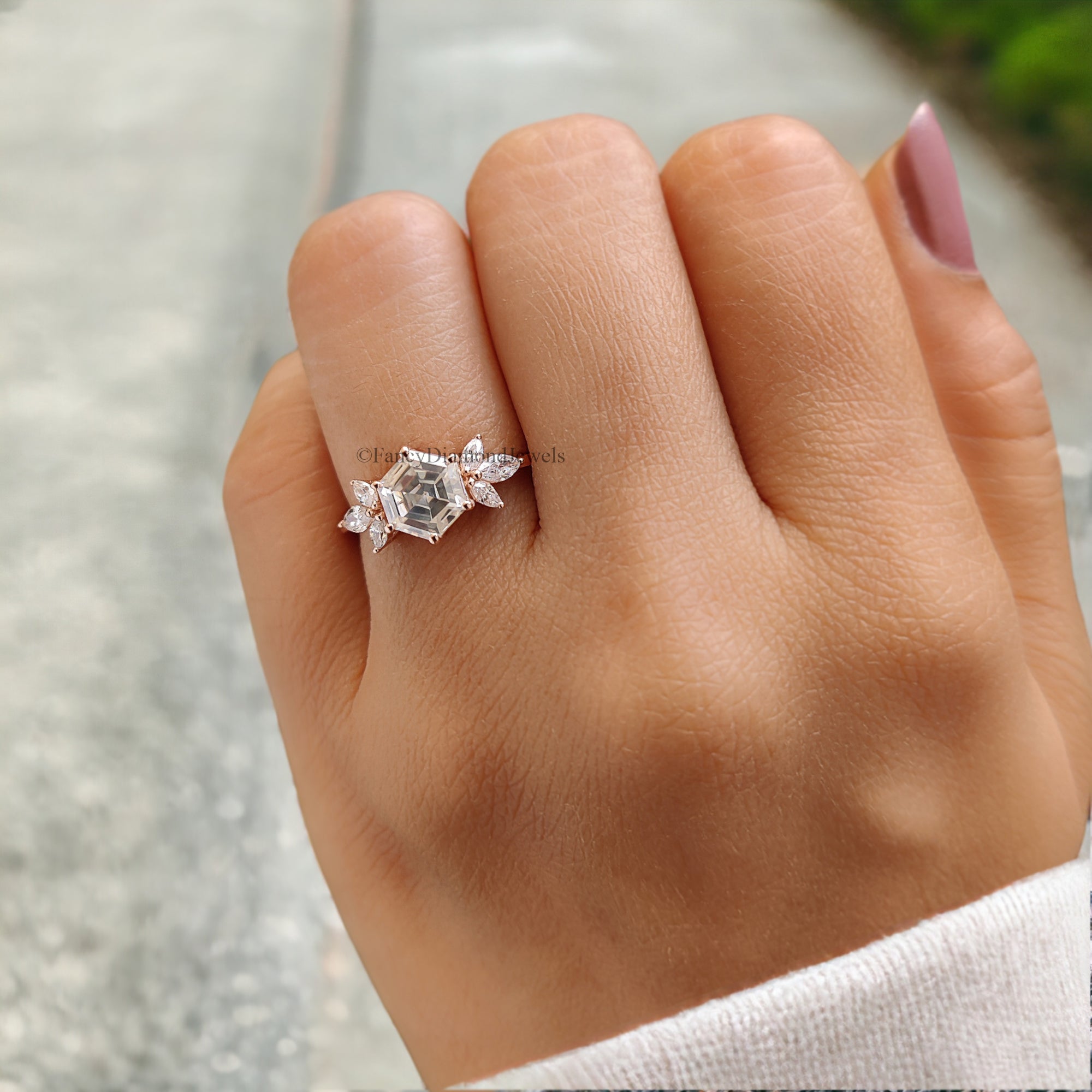 Hexagon cut Moissanite engagement ring Rose gold vintage Unique Marquise Diamond Cluster engagement ring delicate wedding Bridal ring FD104