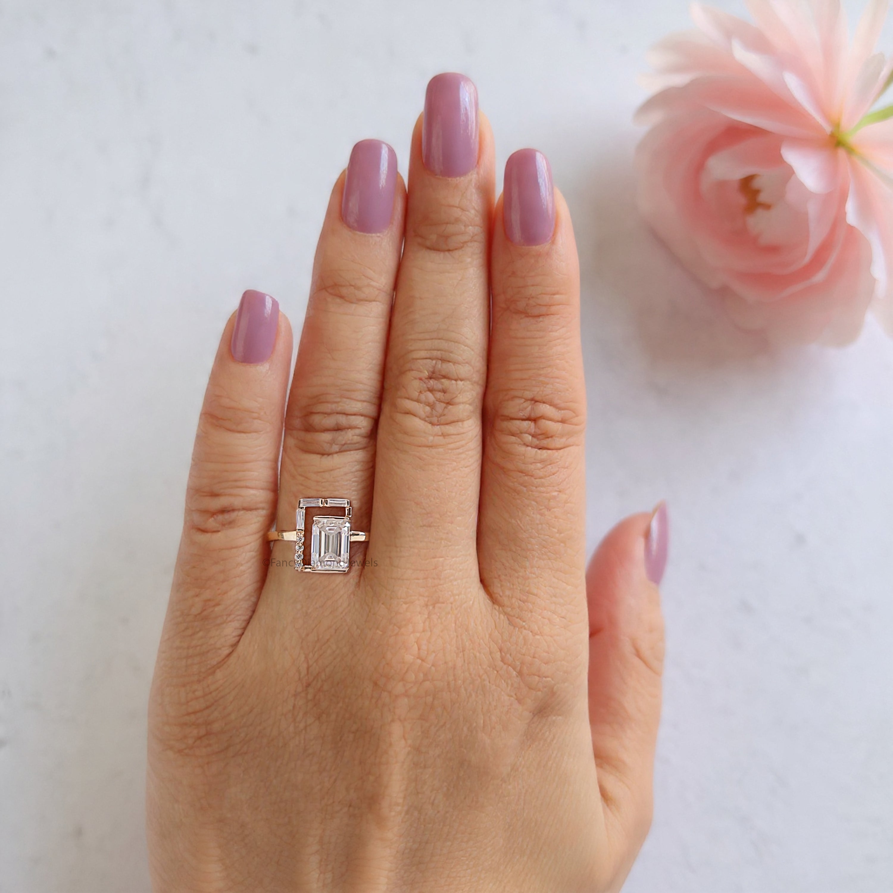 1.05 CT Emerald cut Lab Grown Baguette Diamond Engagement Ring Emerald Diamond Statement ring Half Bezel Set Emerald Ring for Her FD469