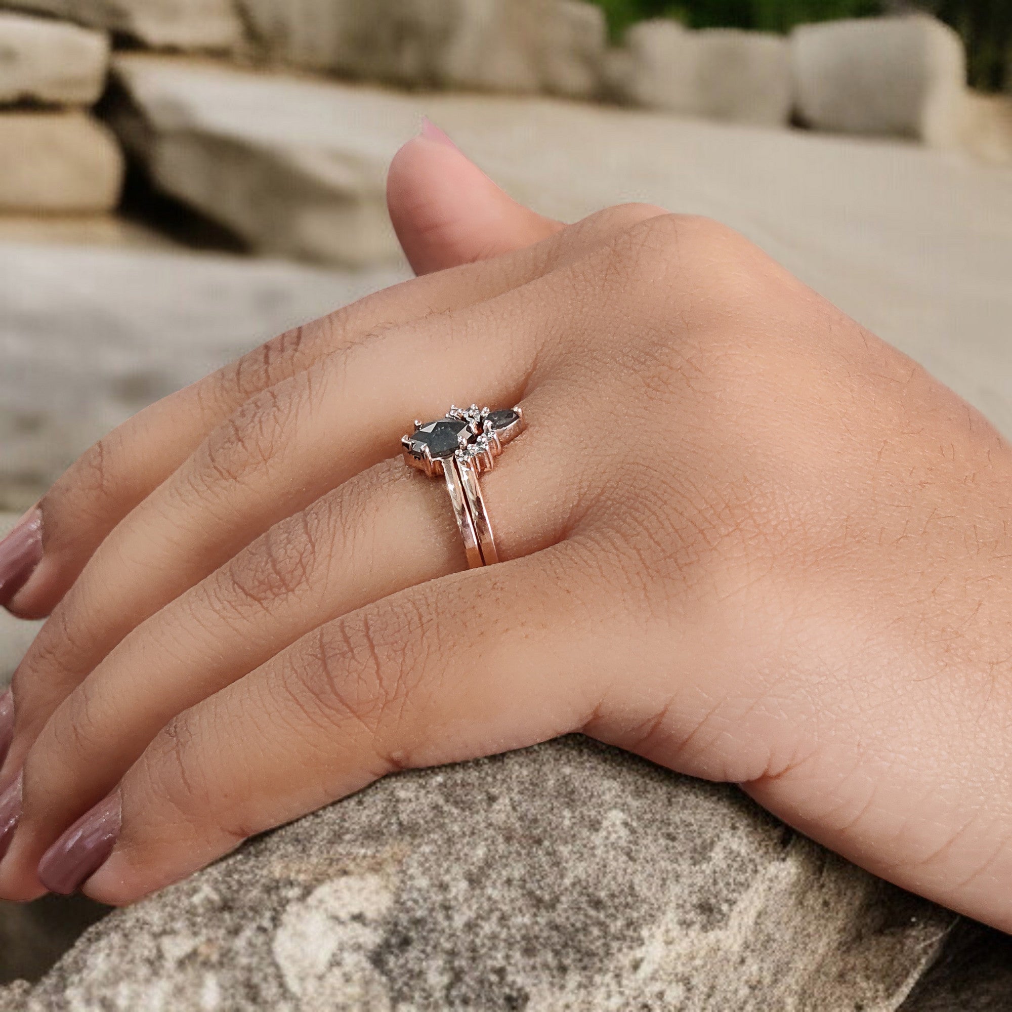 Hexagon Cut Salt And Pepper Diamond Ring 0.70 Ct 7.05 MM Hexagon Diamond Ring 14K Solid Rose Gold Silver Engagement Ring Gift For Her QL8153