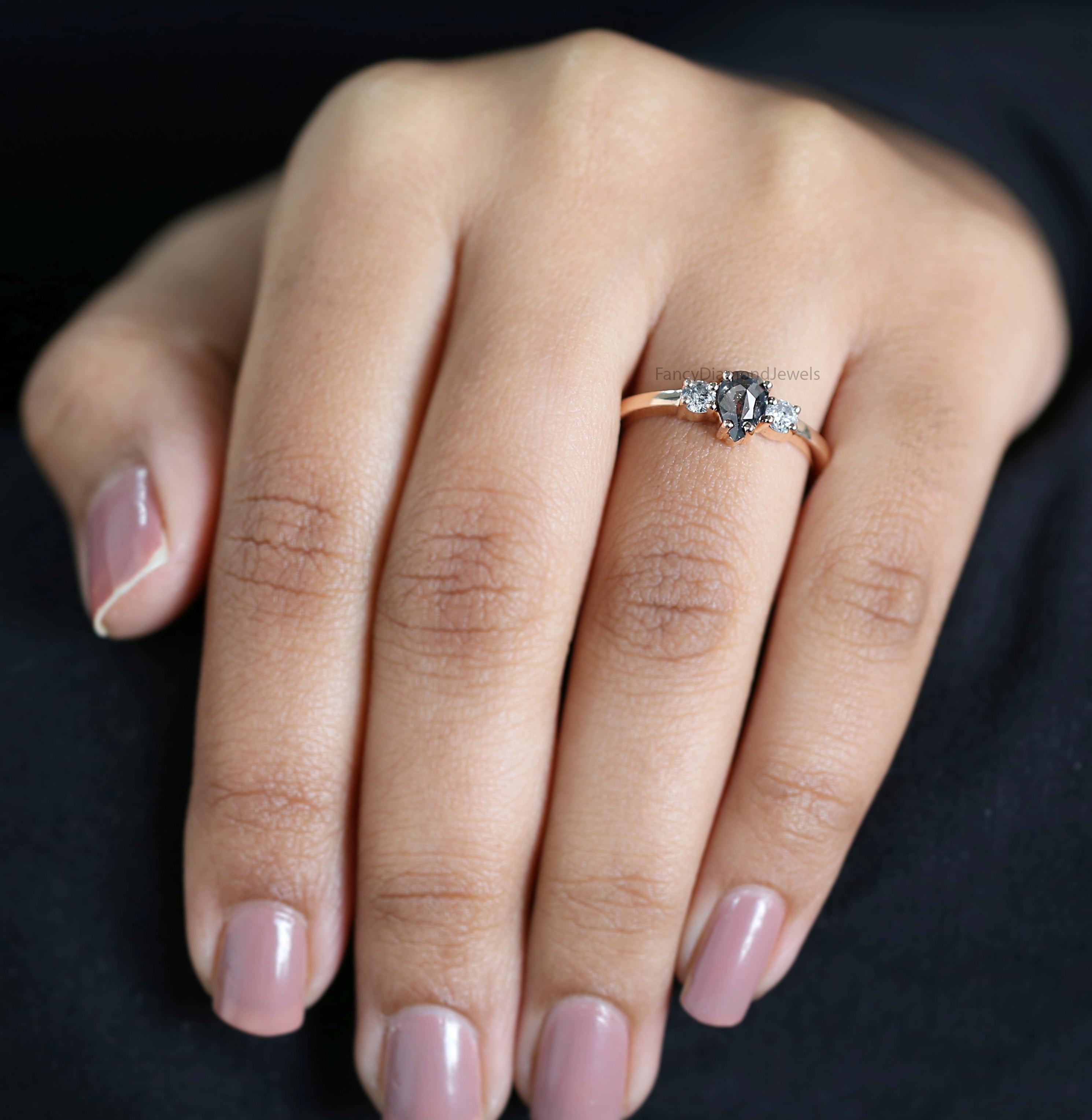 Pear Cut Salt And Pepper Diamond Ring 0.62 Ct 6.67 MM Pear Diamond Ring 14K Solid Rose Gold Silver Pear Engagement Ring Gift For Her QL3026