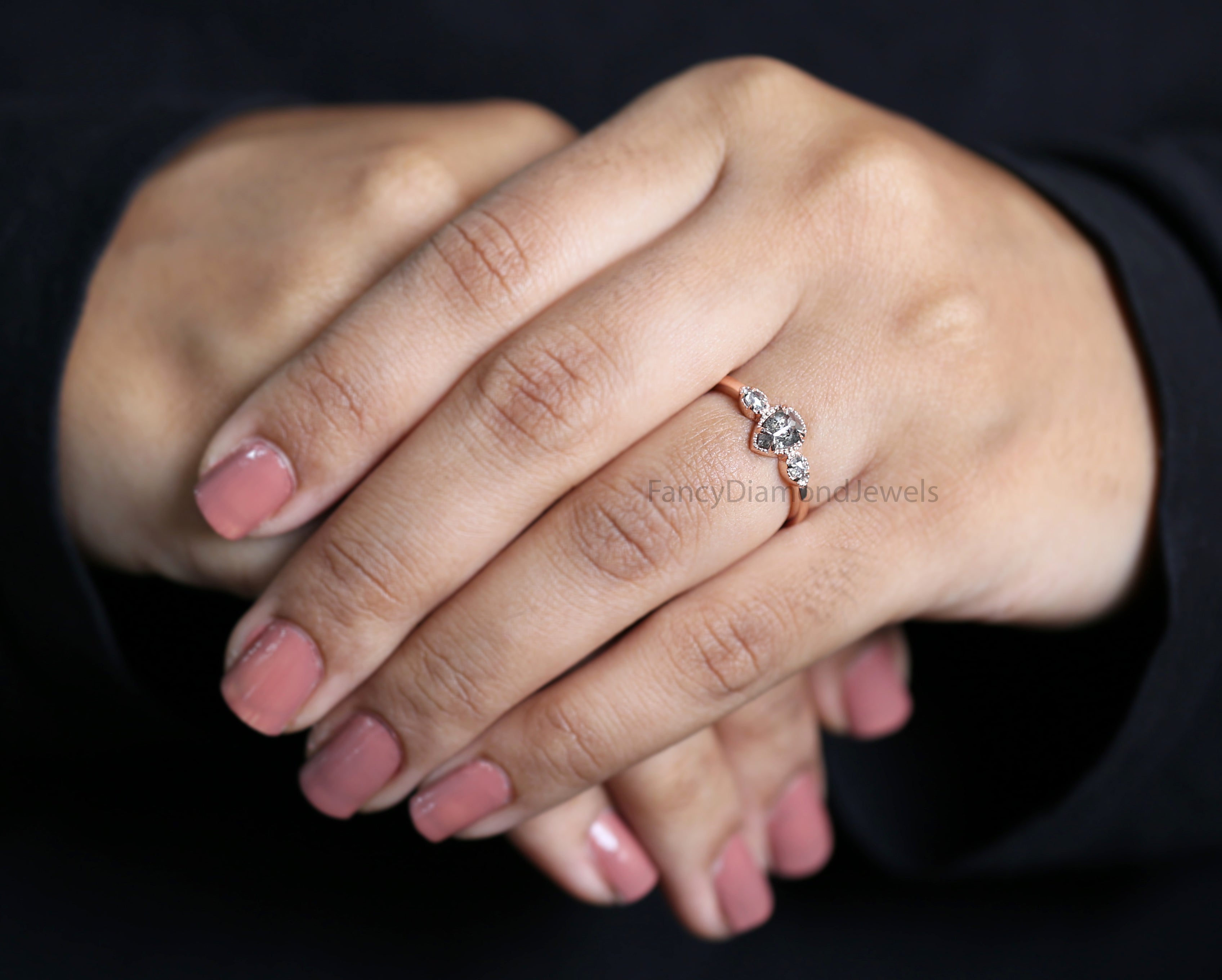 Pear Salt And Pepper Diamond Ring, Natural Pear Diamond Ring, Pear Diamond Engagement Ring, Pear Shape Diamond Ring, Pear Cut Ring, KD1133