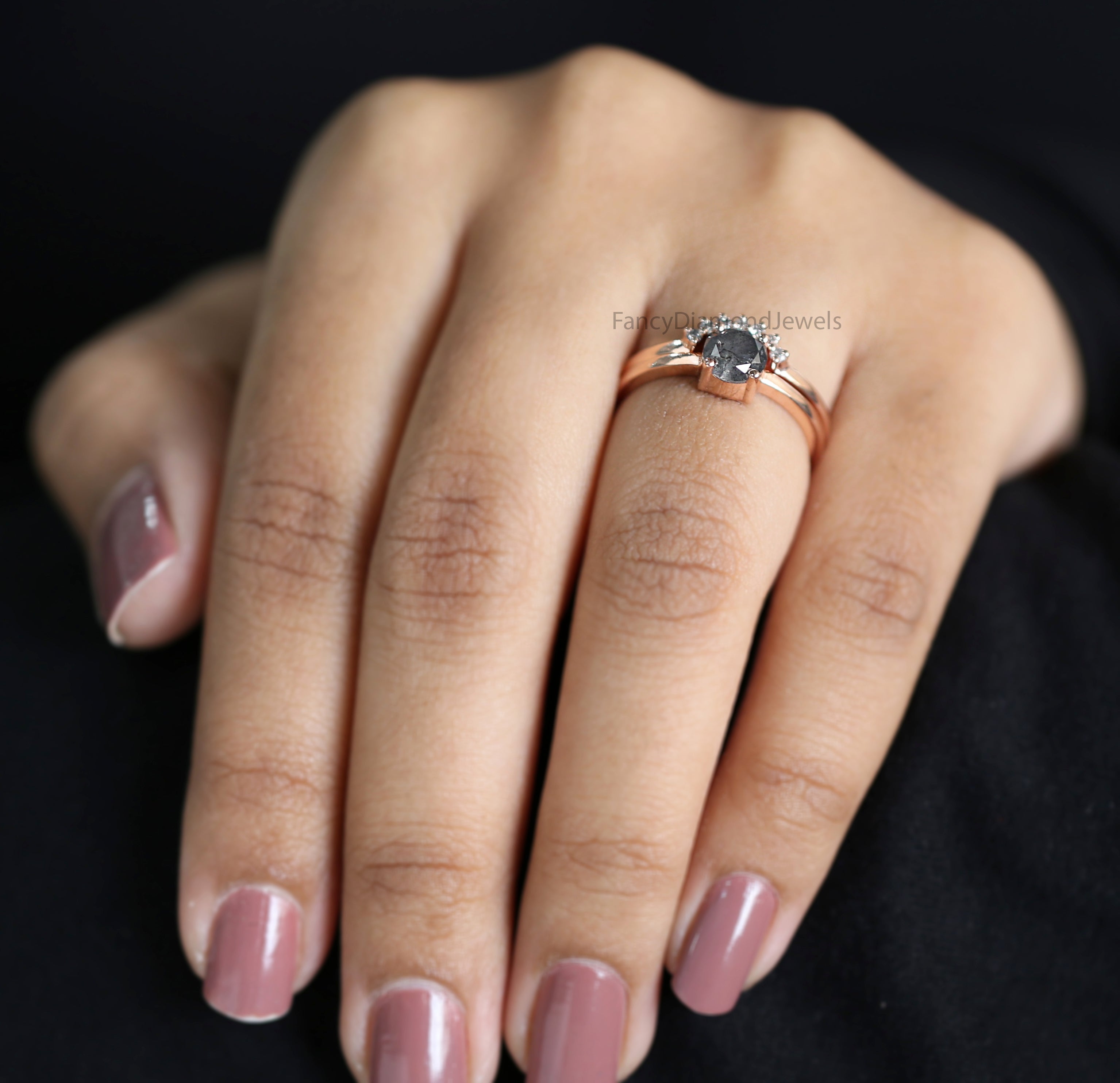 Round Cut Salt And Pepper Diamond Ring 0.87 Ct 5.80 MM Round Diamond Ring 14K Solid Rose Gold Silver Engagement Ring Gift For Her QN9369