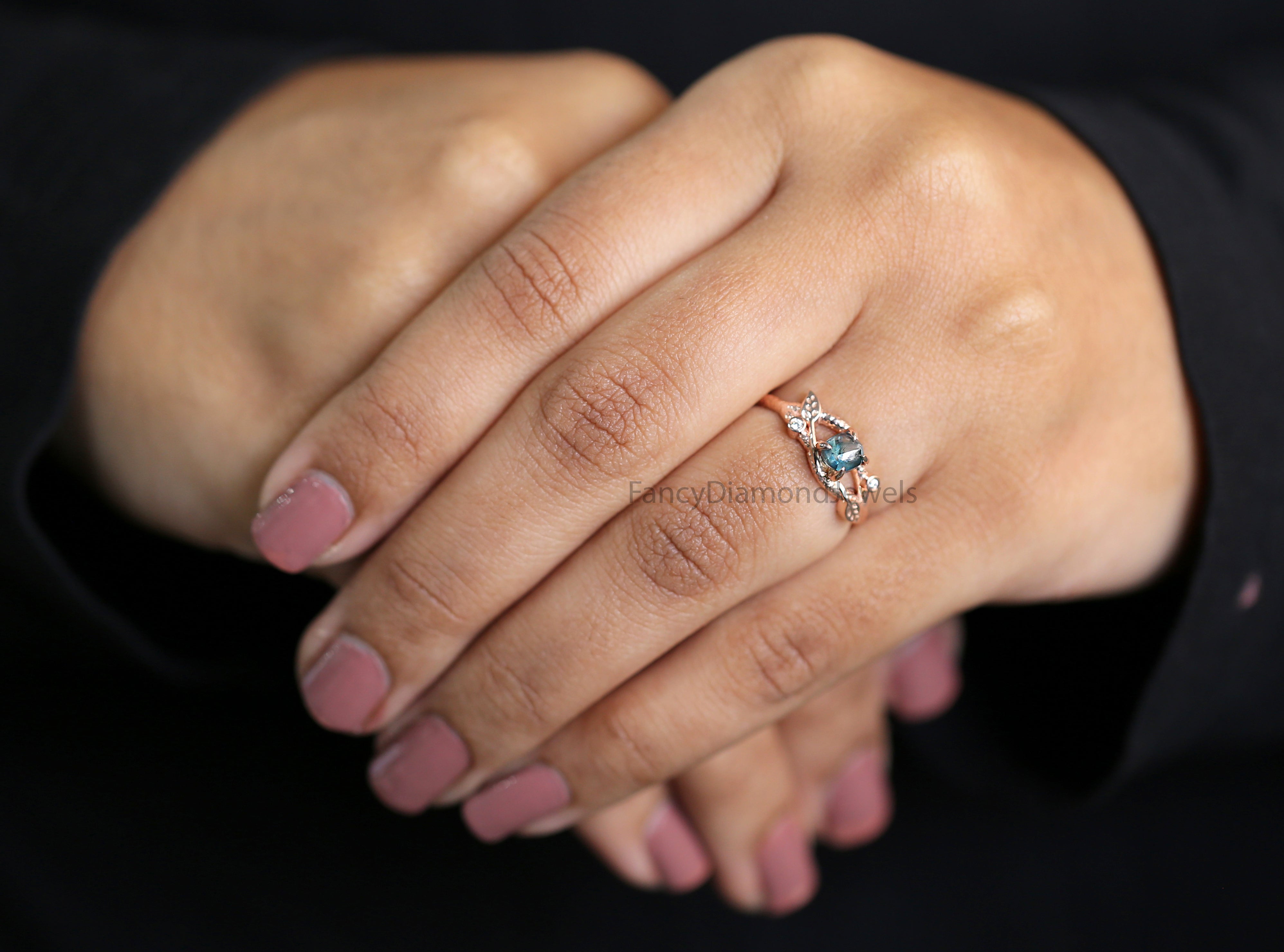 Rough Blue Color Diamond Ring 0.81 Ct 5.45 MM Crystal Rough Diamond Ring 14K Solid Rose Gold Silver Engagement Ring Gift For Her QL2228