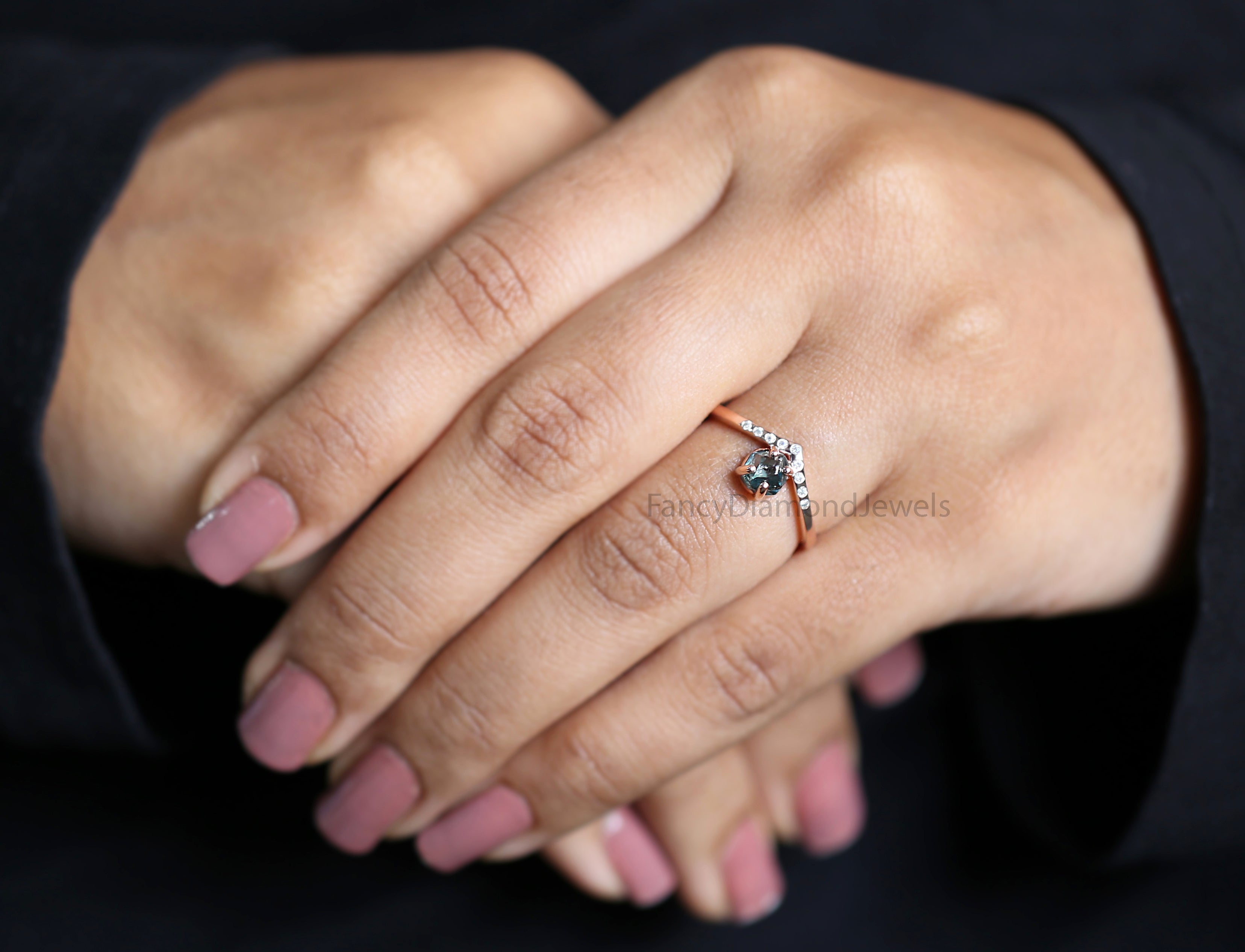 0.97 Ct Natural Rough Cut Blue Color Diamond Ring 5.65 MM Crystal Rough Diamond Ring 14K Solid Rose Gold Silver Engagement Ring QL2347