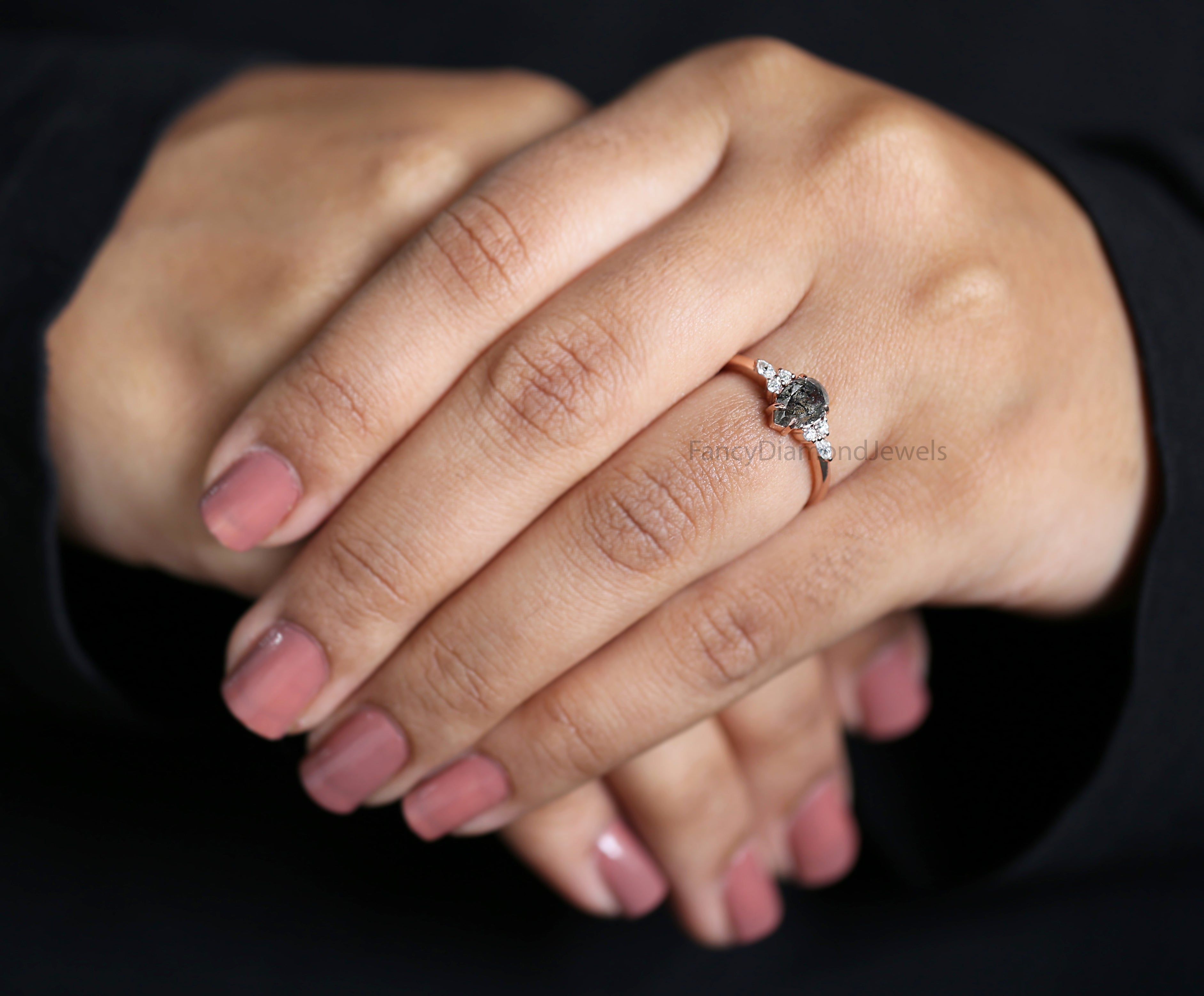 Pear Cut Salt And Pepper Diamond Ring 0.85 Ct 7.06 MM Pear Diamond Ring 14K Solid Rose Gold Silver Pear Engagement Ring Gift For Her QL2866