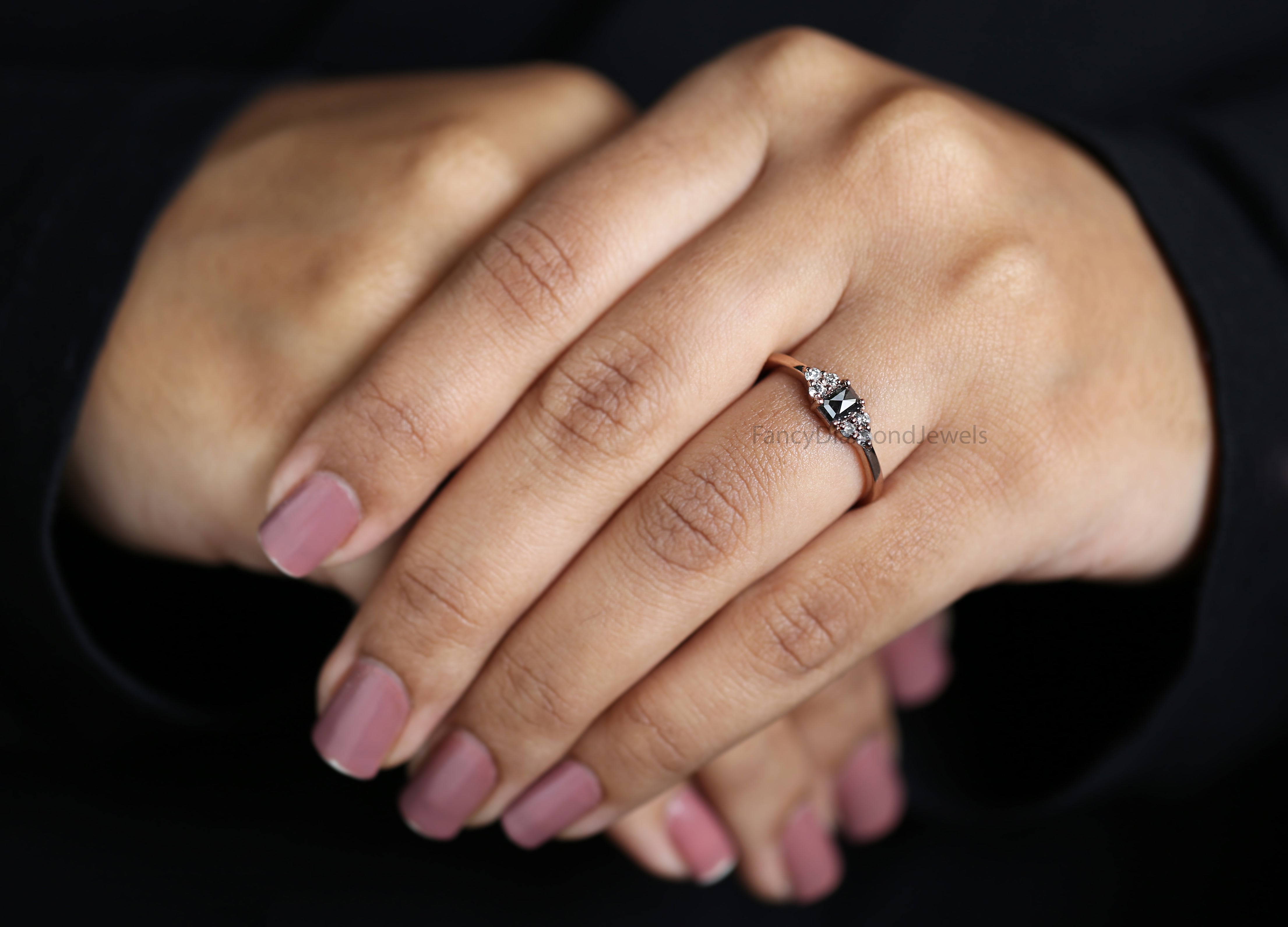 Emerald Salt And Pepper Diamond Ring 0.38 Ct 4.65 MM Emerald Diamond Ring 14K Solid Rose Gold Silver Engagement Ring Gift For Her QK180