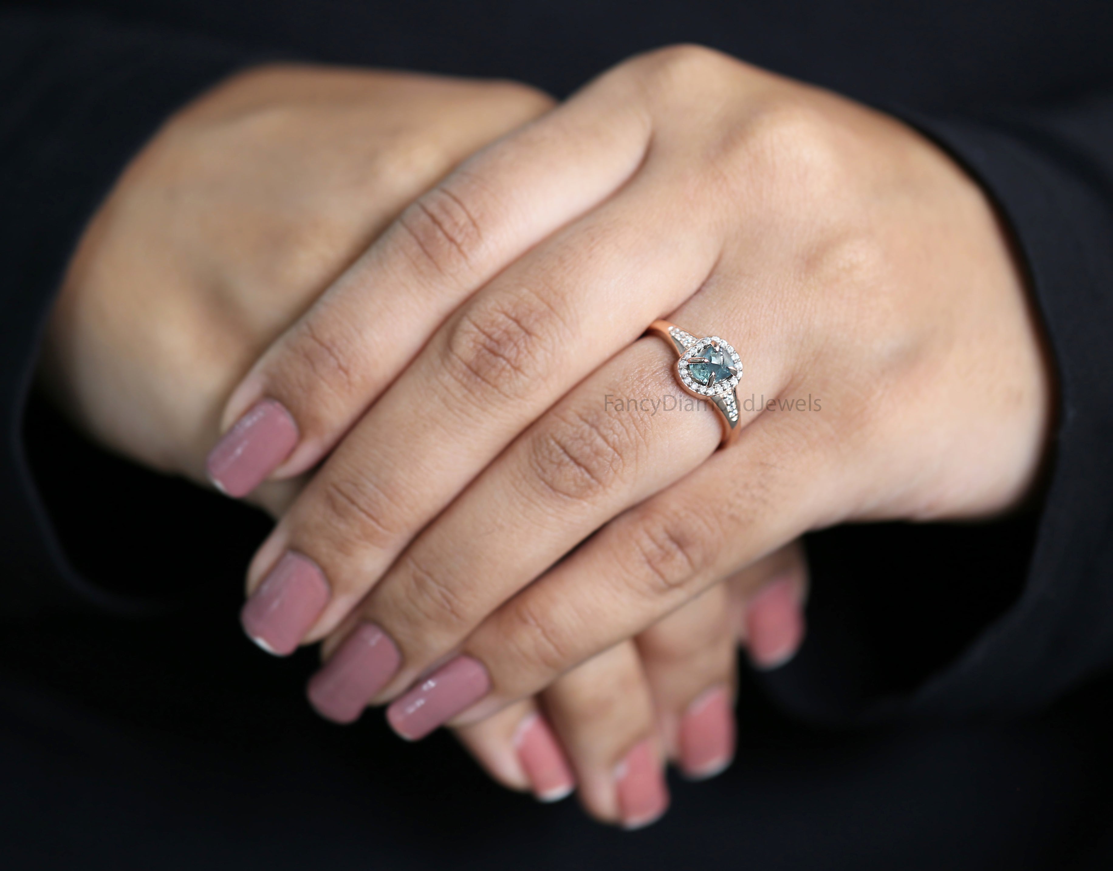 Rough Blue Color Diamond Ring 1.12 Ct 6.12 MM Crystal Rough Diamond Ring 14K Solid Rose Gold Silver Engagement Ring Gift For Her QL2319