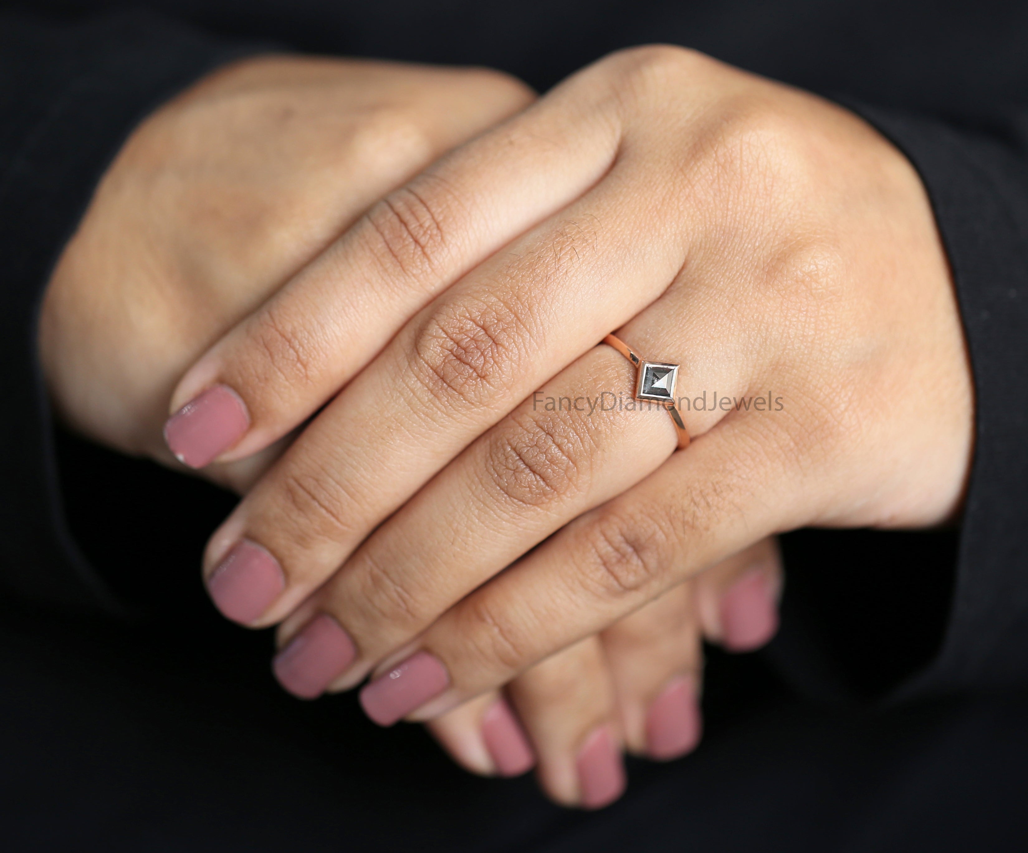 Kite Cut Salt And Pepper Diamond Ring 0.50 Ct 6.14 MM Kite Diamond Ring 14K Solid Rose Gold Silver Kite Engagement Ring Gift For Her QK2572