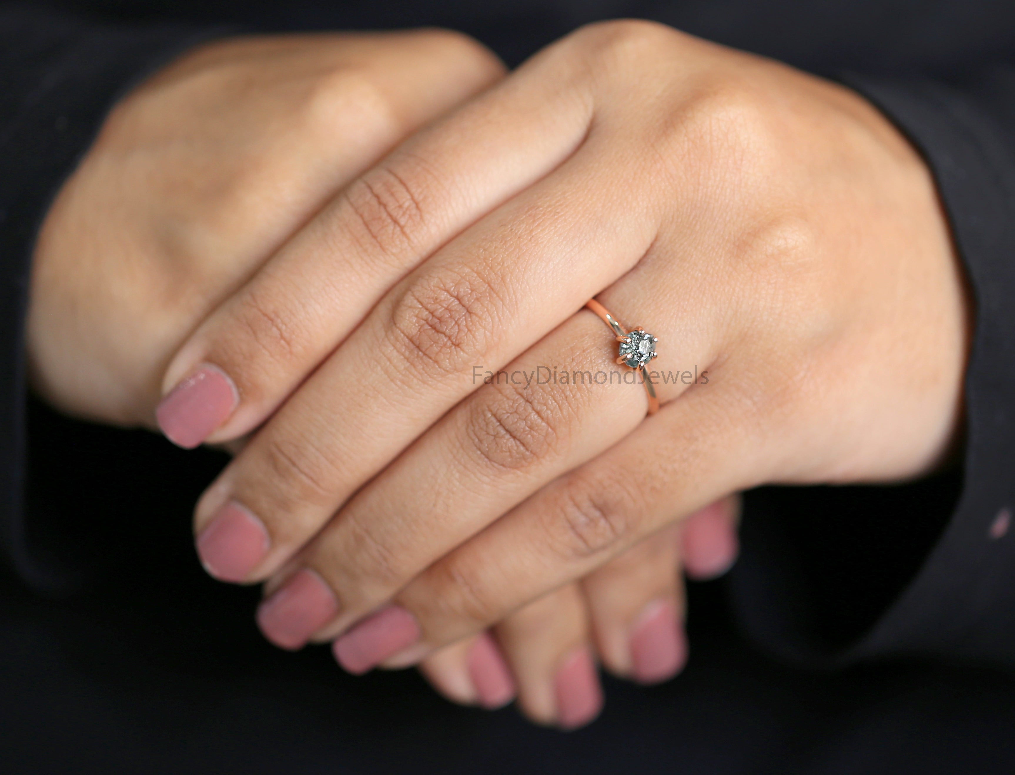 Rough Blue Color Diamond Ring 0.79 Ct 5.51 MM Crystal Rough Diamond Ring 14K Solid Rose Gold Silver Engagement Ring Gift For Her QK2532