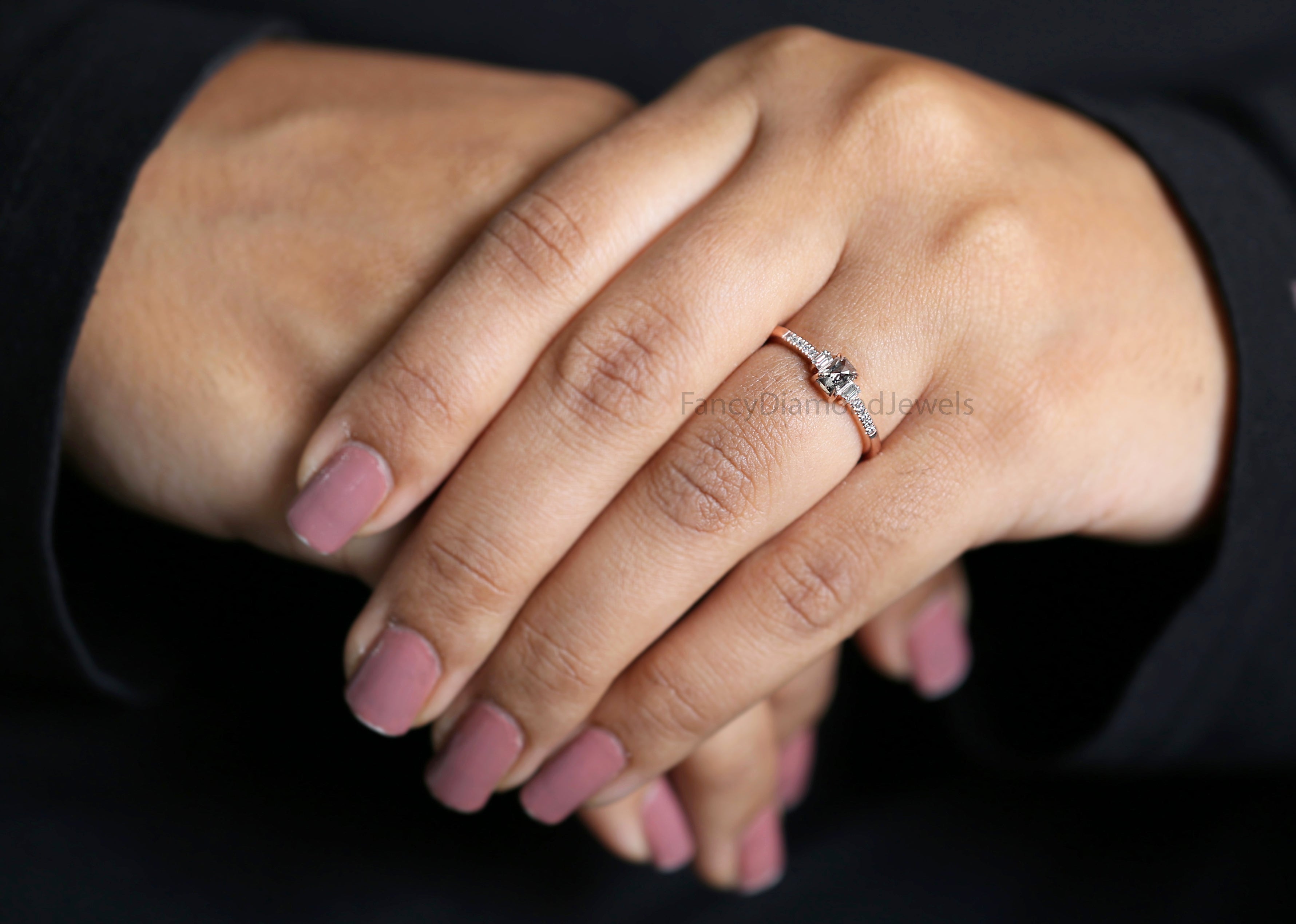 Emerald Cut Salt And Pepper Diamond Ring 0.39 Ct 4.55 MM Emerald Diamond Ring 14K Solid Rose Gold Silver Engagement Ring Gift For Her QL239