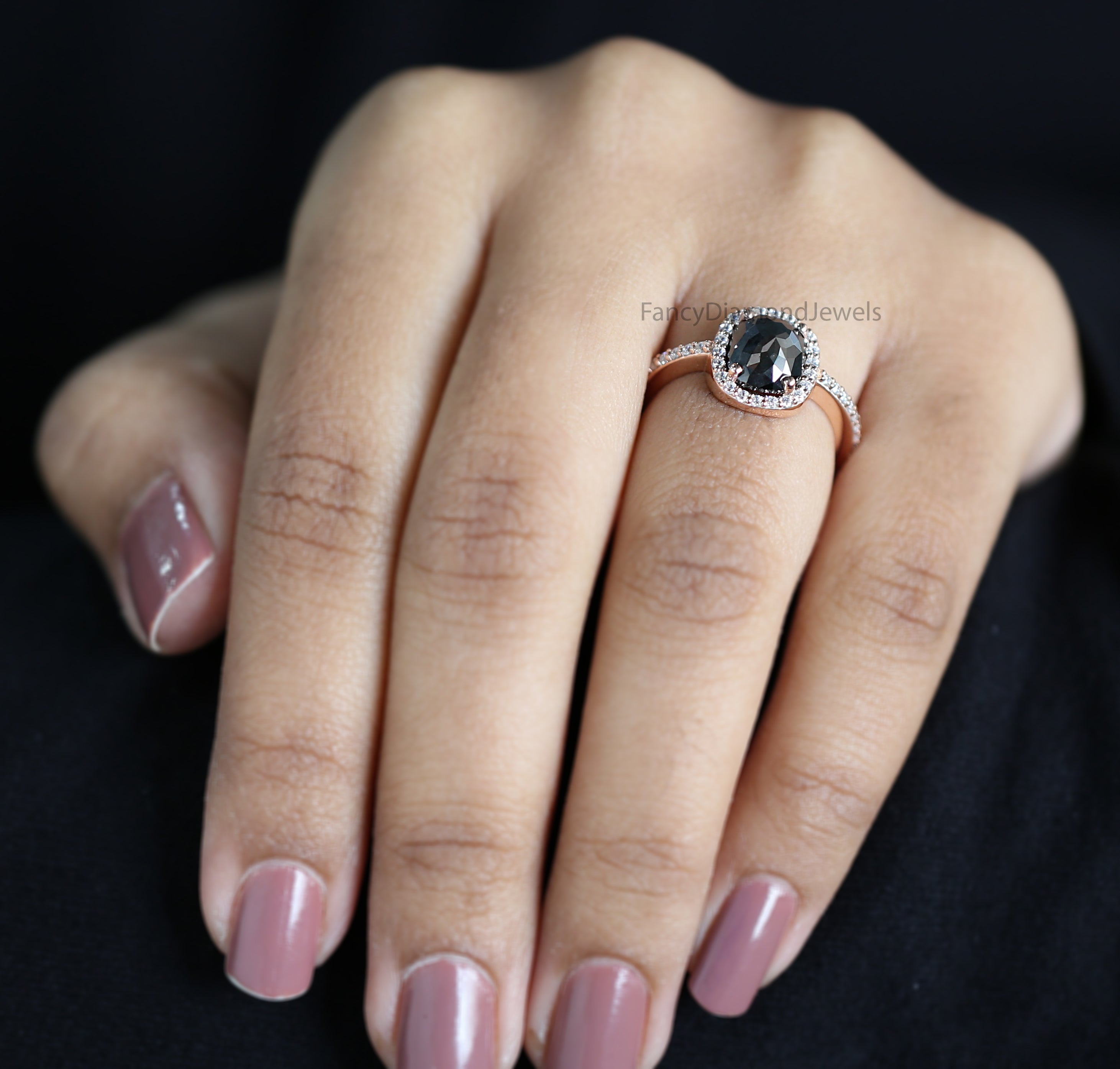 Cushion Shape Black Color Diamond Ring 2.21 Ct 8.30 MM Cushion Diamond Ring 14K Solid Rose Gold Silver Engagement Ring Gift For Her QL3068