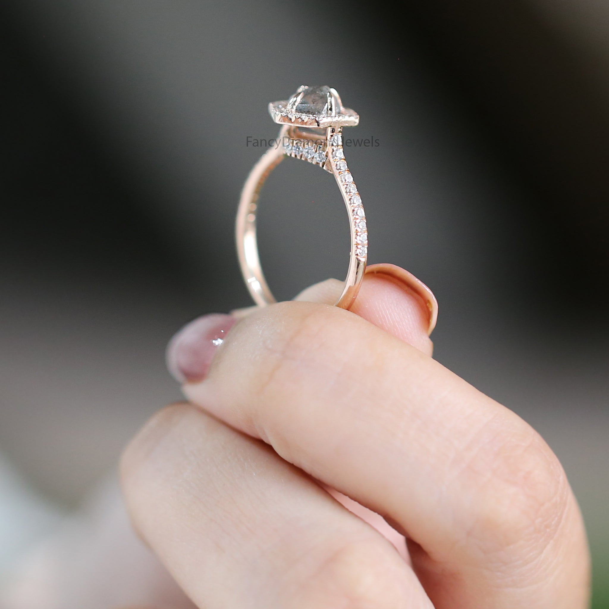 1.15 Ct Natural Rough Salt And Pepper Diamond Ring 6.00 MM Rough Diamond Ring 14K Solid Rose Gold Silver Engagement Ring Halo Ring QN2523