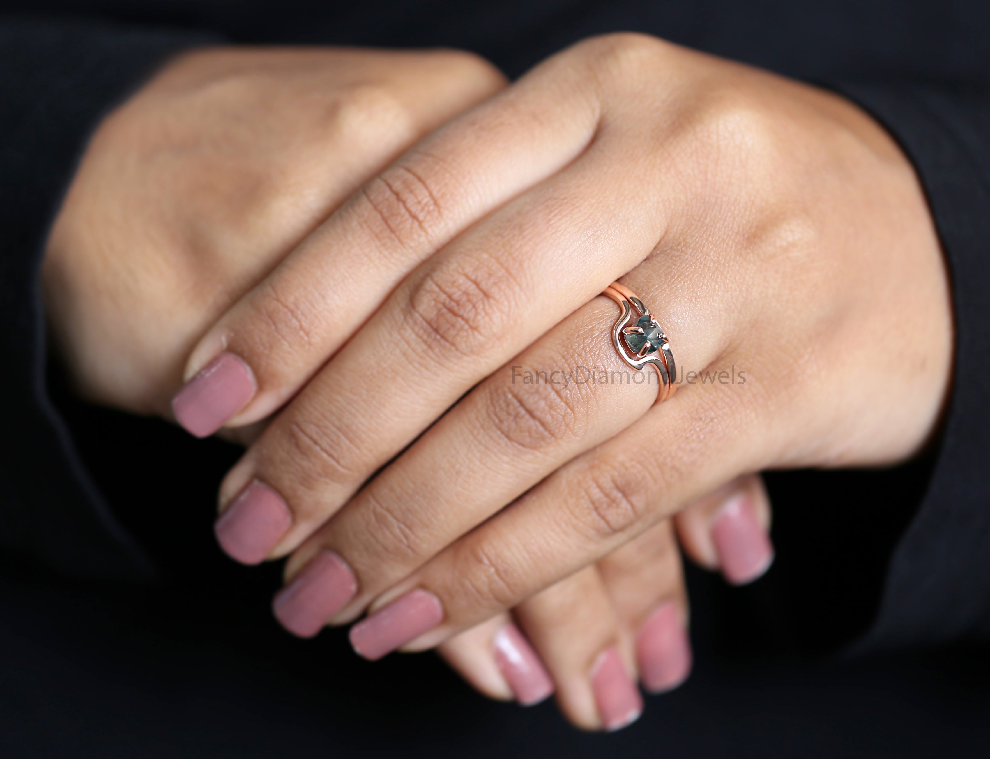 Rough Blue Color Diamond Ring 1.00 Ct 5.64 MM Crystal Rough Diamond Ring 14K Solid Rose Gold Silver Engagement Ring Gift For Her QL2333