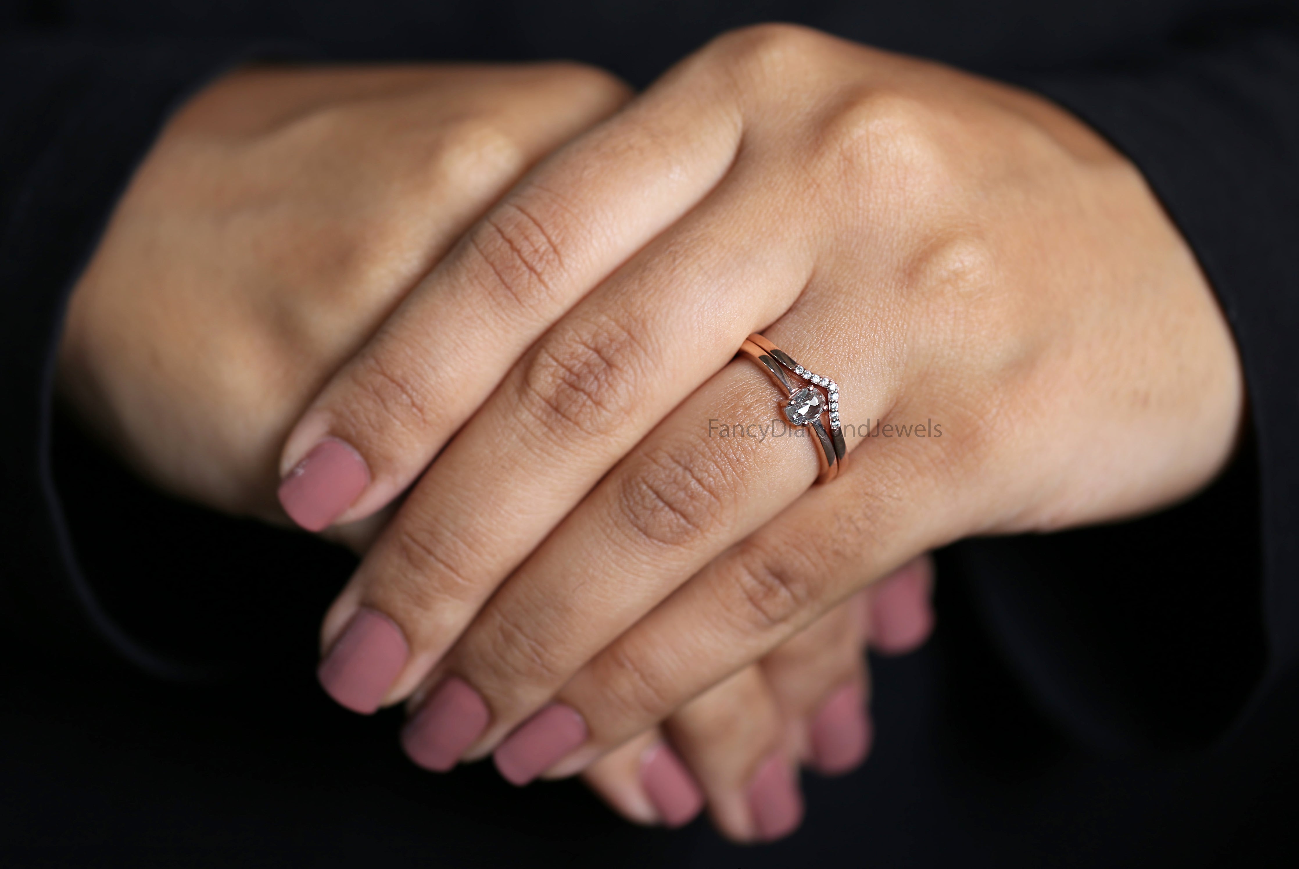 Oval salt and pepper Diamond Ring, Salt and pepper Oval Diamond Engagement Ring, Oval Diamond Ring, Oval Ring, Oval Bridal Ring Set, KD1142