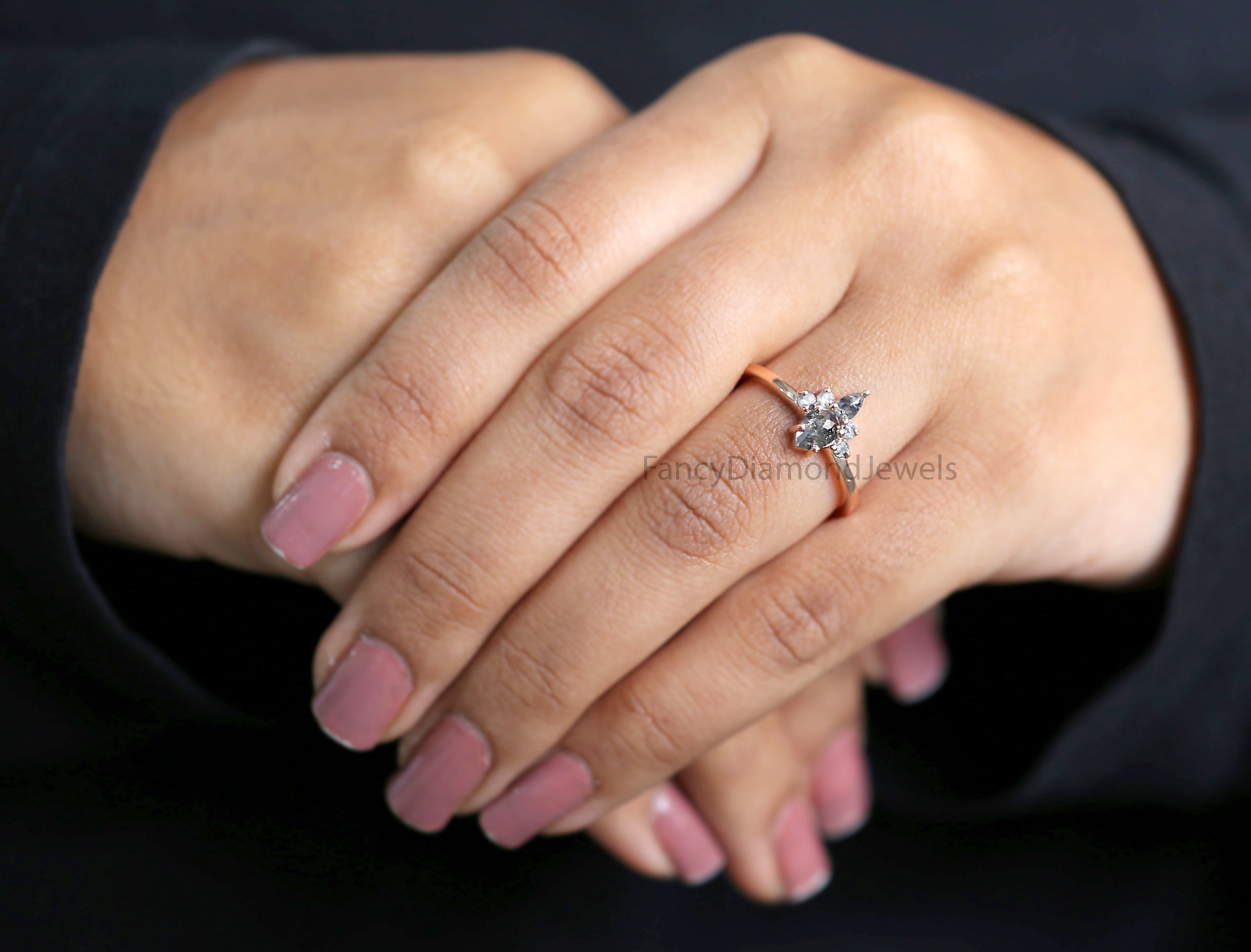 Salt And Pepper Pear Diamond Ring, Natural Pear Diamond Ring, Pear Diamond Engagement Ring, Multi Pear Diamond Ring, Pear Cut Ring, KD1121