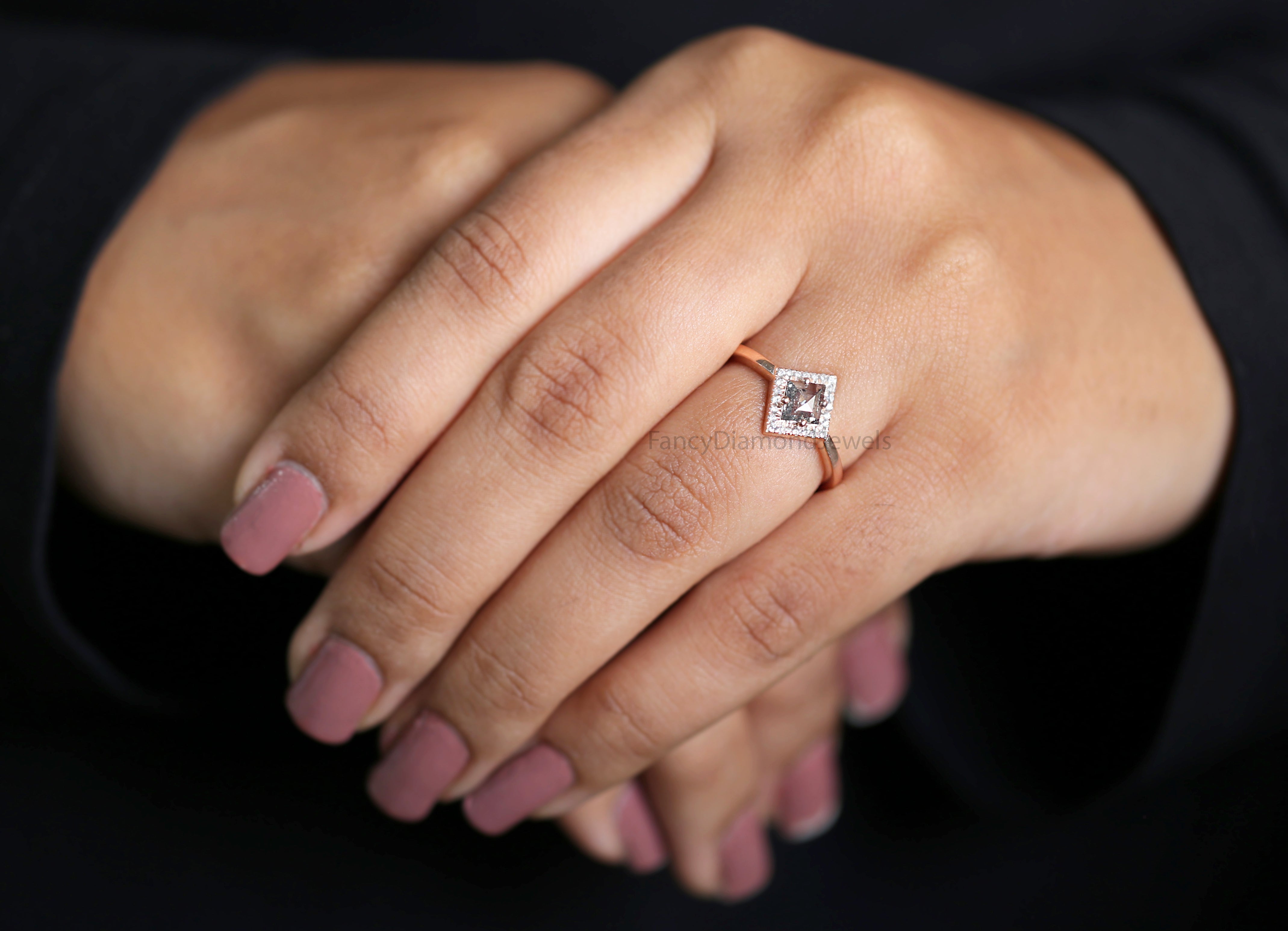 Kite Salt And Pepper Diamond Ring, Natural Kite Diamond Ring, Kite Diamond Engagement Ring, Kite Halo Diamond Ring, Kite Cut Ring KD1124