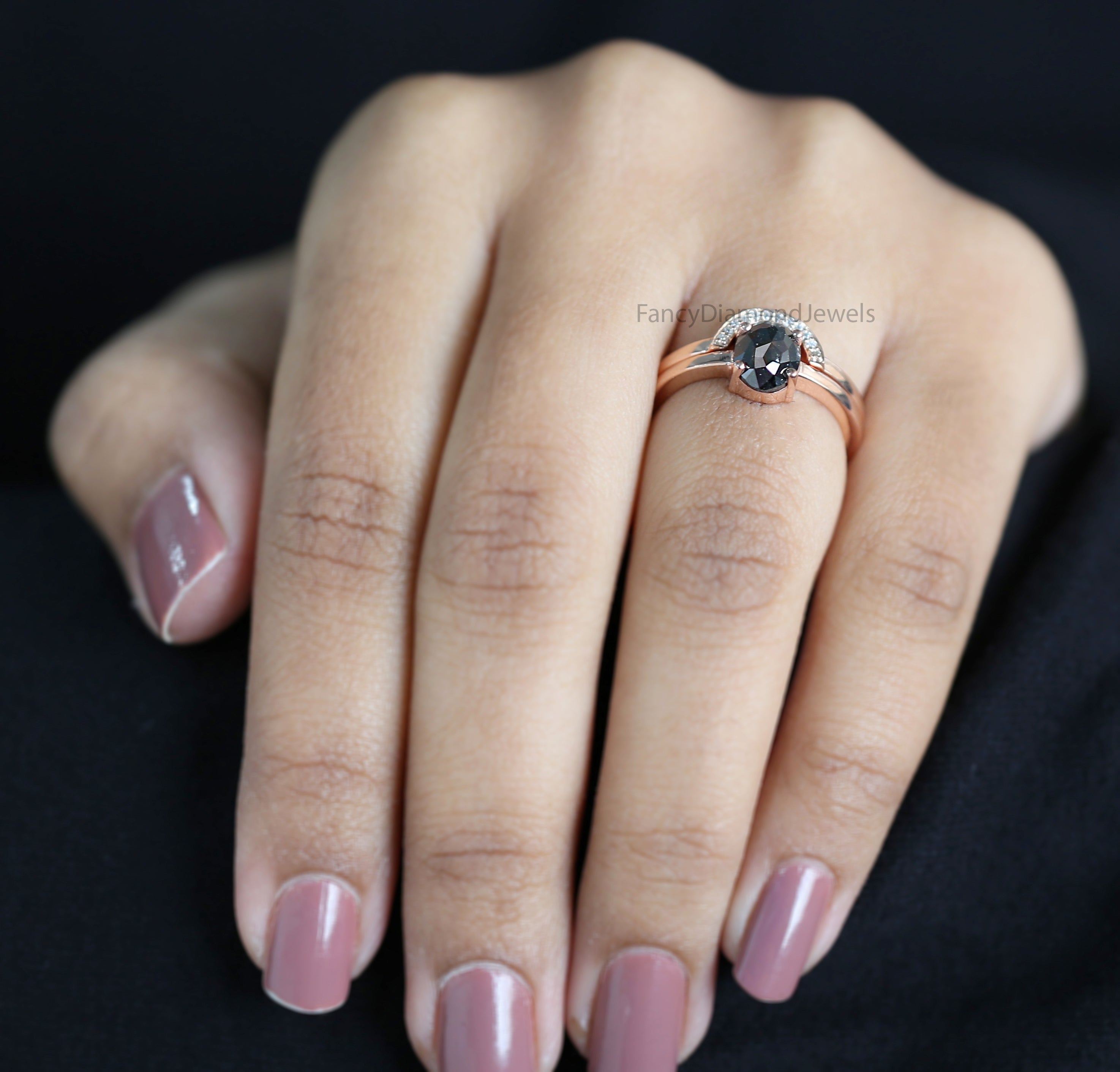 Oval Cut Salt And Pepper Diamond Ring 1.28 Ct 7.55 MM Oval Diamond Ring 14K Solid Rose Gold Silver Oval Engagement Ring Gift For Her QL3079