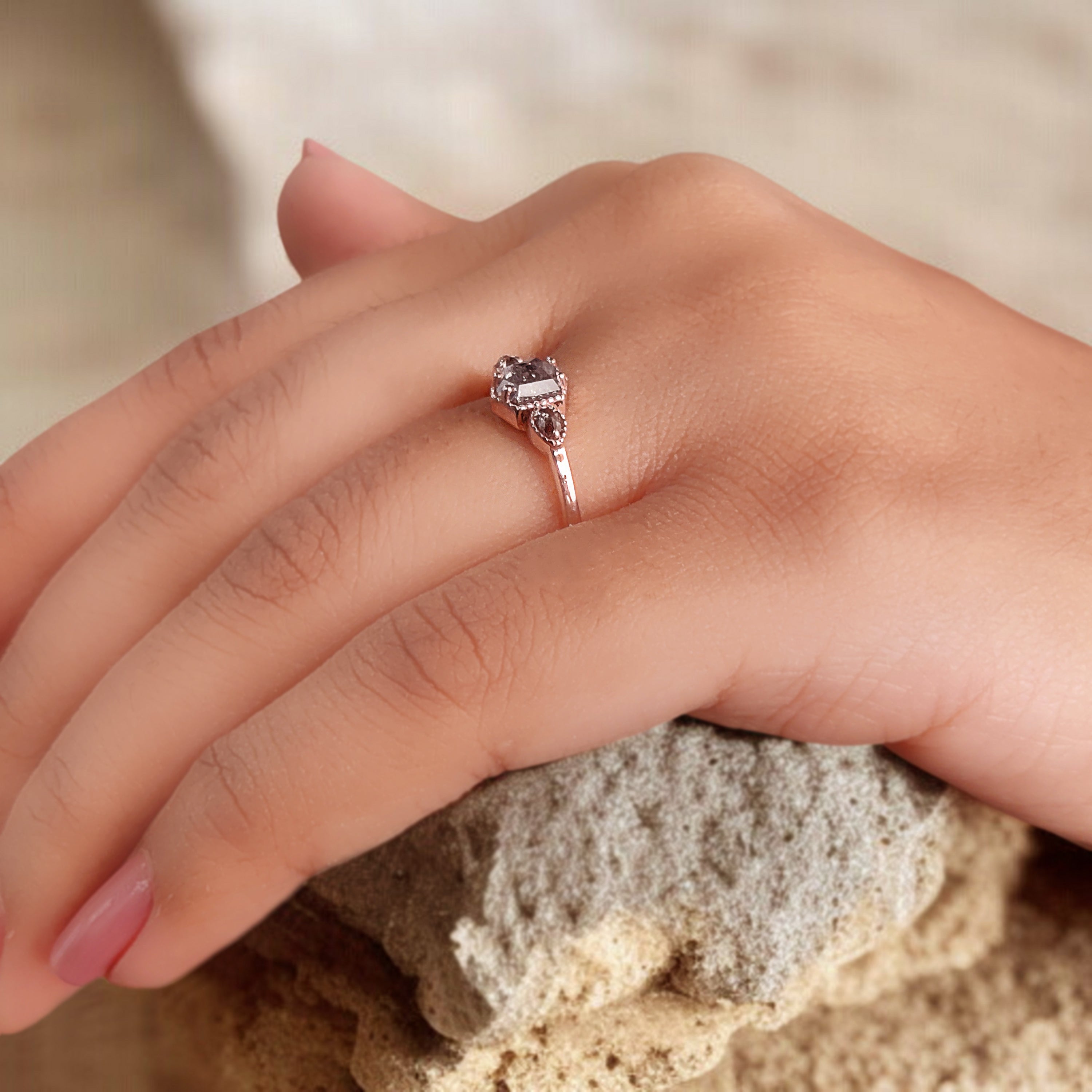 Hexagon Cut Salt And Pepper Diamond Ring 0.62 Ct 5.72 MM Hexagon Diamond Ring 14K Solid Rose Gold Silver Engagement Ring Gift For Her QK2593