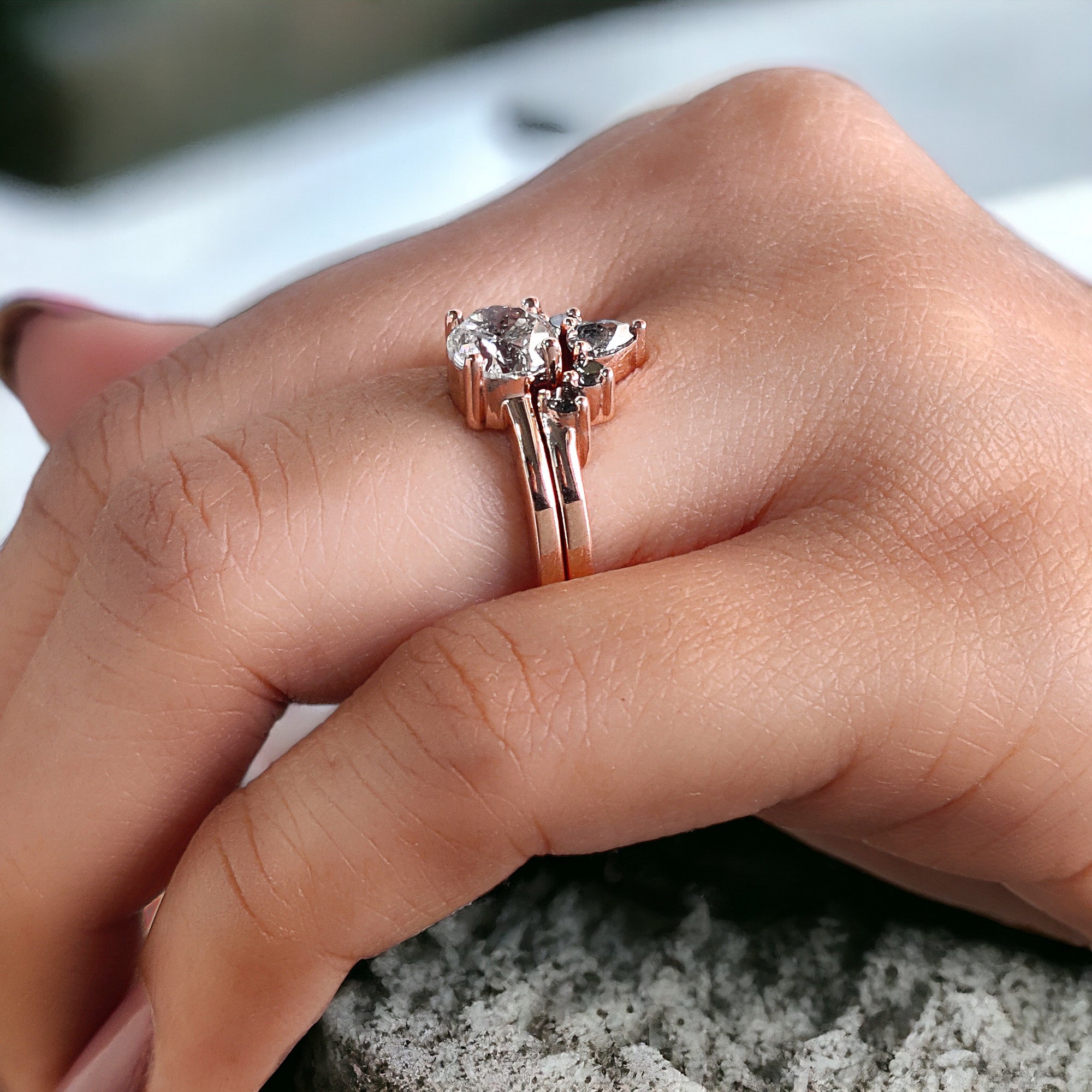 Round Cut Salt And Pepper Diamond Ring 1.10 Ct 6.22 MM Round Diamond Ring 14K Solid Rose Gold Silver Engagement Ring Gift For Her QL2674