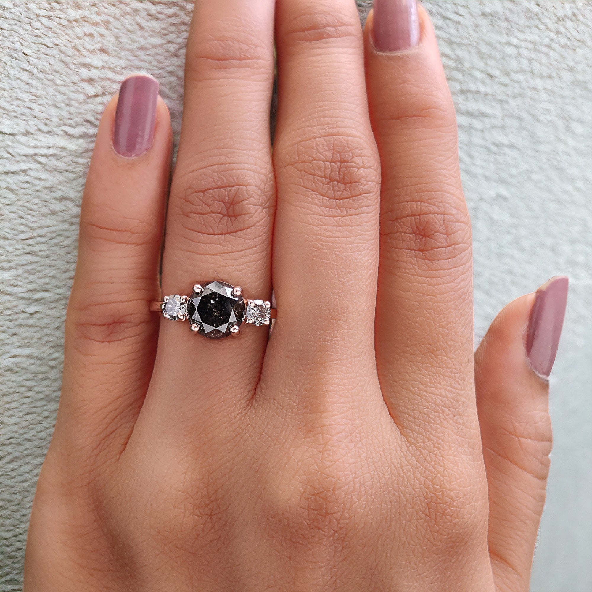 Round Cut Salt And Pepper Diamond Ring 2.05 Ct 7.85 MM Round Diamond Ring 14K Solid Rose Gold Silver Engagement Ring Gift For Her QL9209