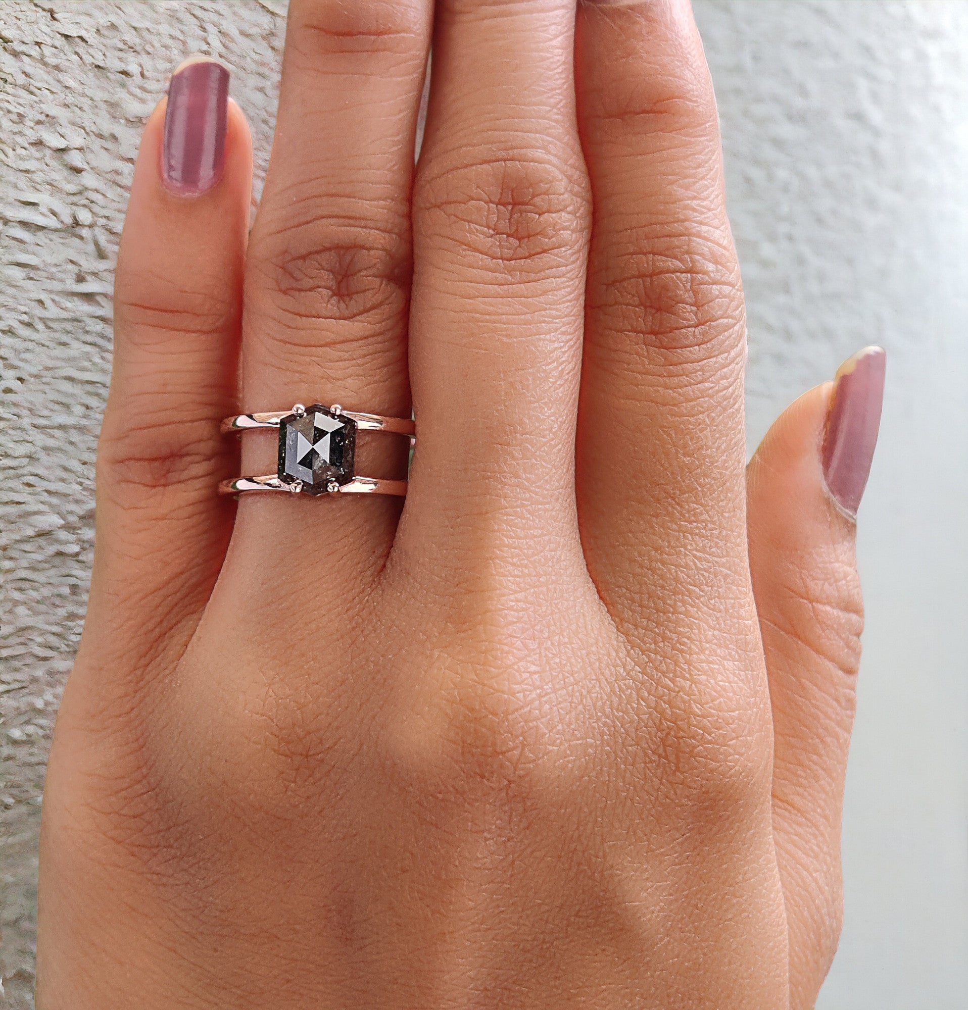 Hexagon Cut Salt And Pepper Diamond Ring 1.93 Ct 7.95 MM Hexagon Diamond Ring 14K Solid Rose Gold Silver Engagement Ring Gift For Her QL2264