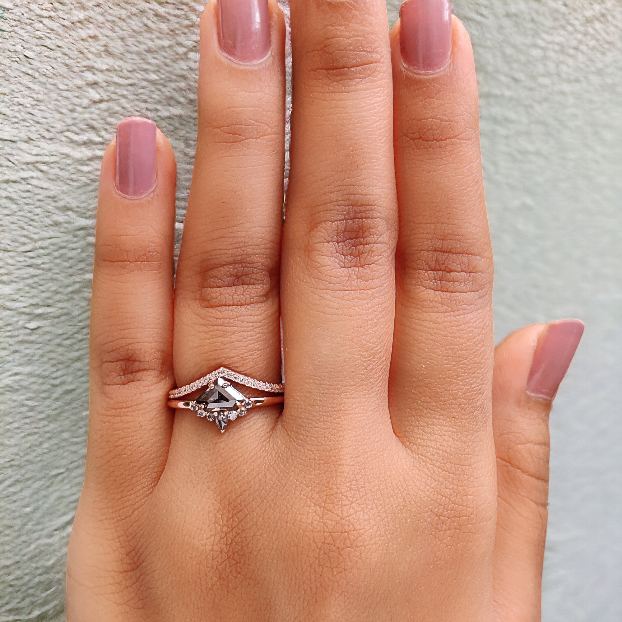 Shield Cut Salt And Pepper Diamond Ring 0.66 Ct 5.20 MM Shield Diamond Ring 14K Solid Rose Gold Silver Engagement Ring Gift For Her QN1177