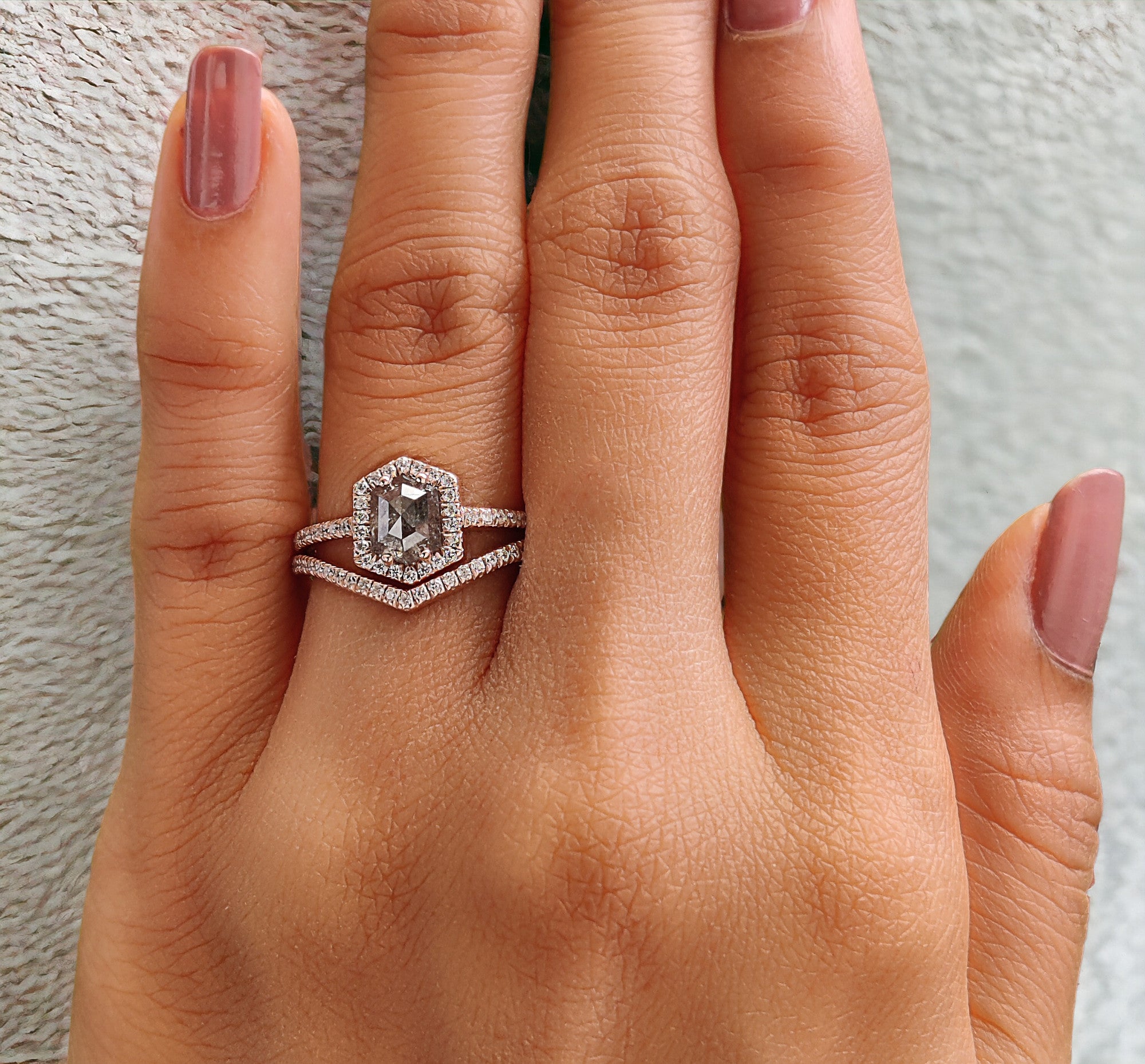 Hexagon Cut Salt And Pepper Diamond Ring 1.00 Ct 6.43 MM Hexagon Cut Diamond Ring 14K Rose Gold Silver Engagement Ring Gift For Her QL2077