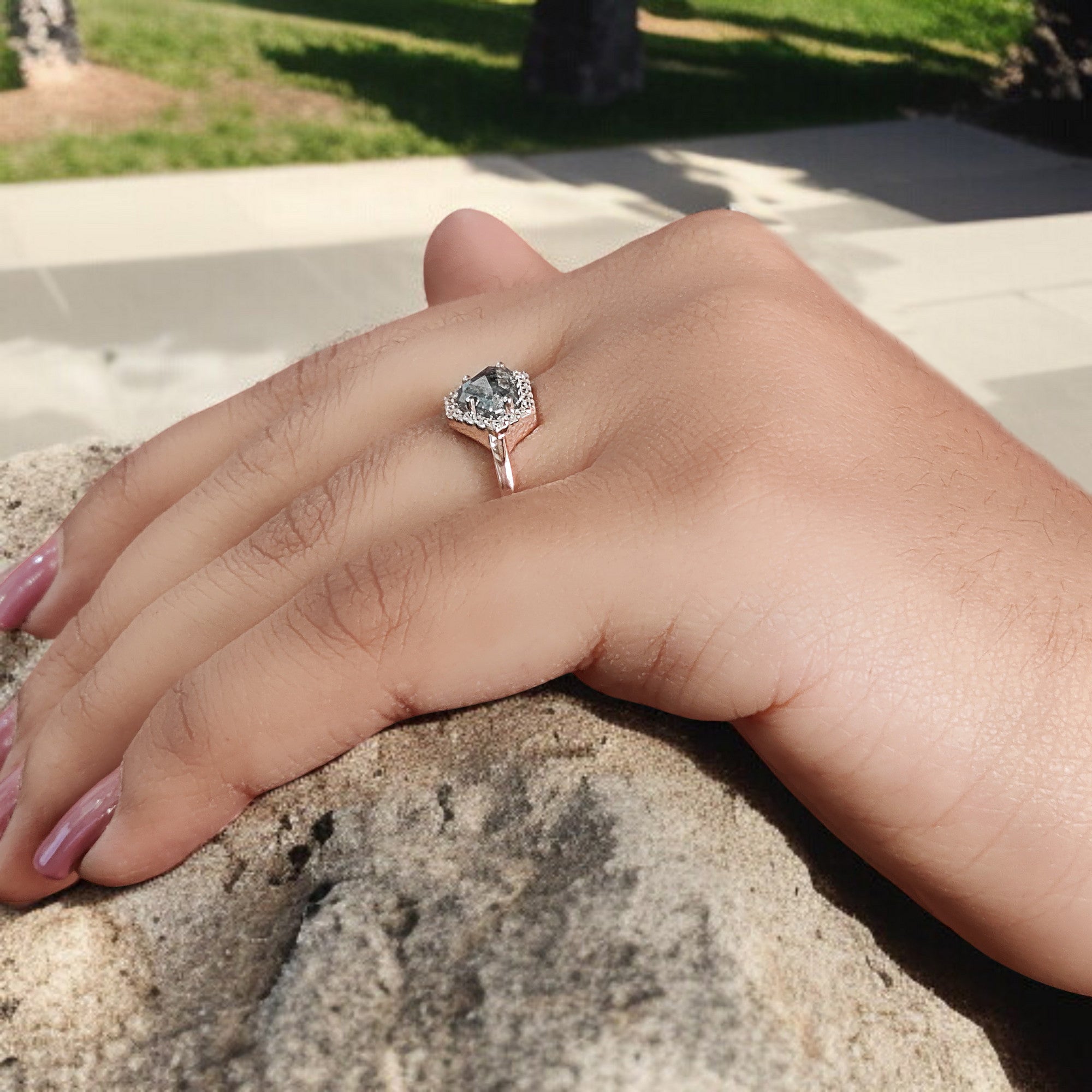 Shield Cut Salt And Pepper Diamond Ring 1.09 Ct 5.45 MM Shield Diamond Ring 14K Solid Rose Gold Silver Engagement Ring Gift For Her QL253